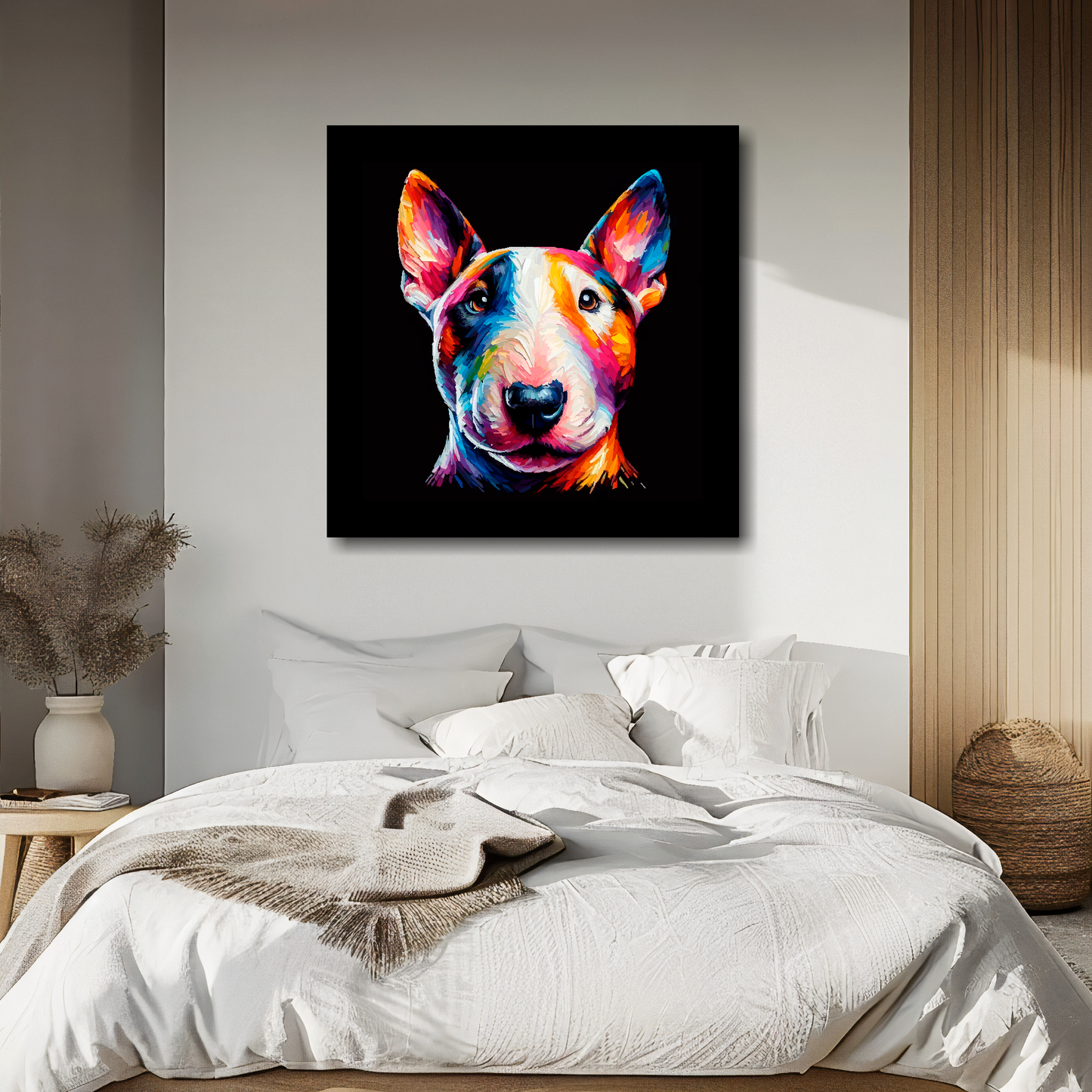 Bull Terrier Miniature portrait canvas above bed - colourful dog wall decor for UK bedrooms