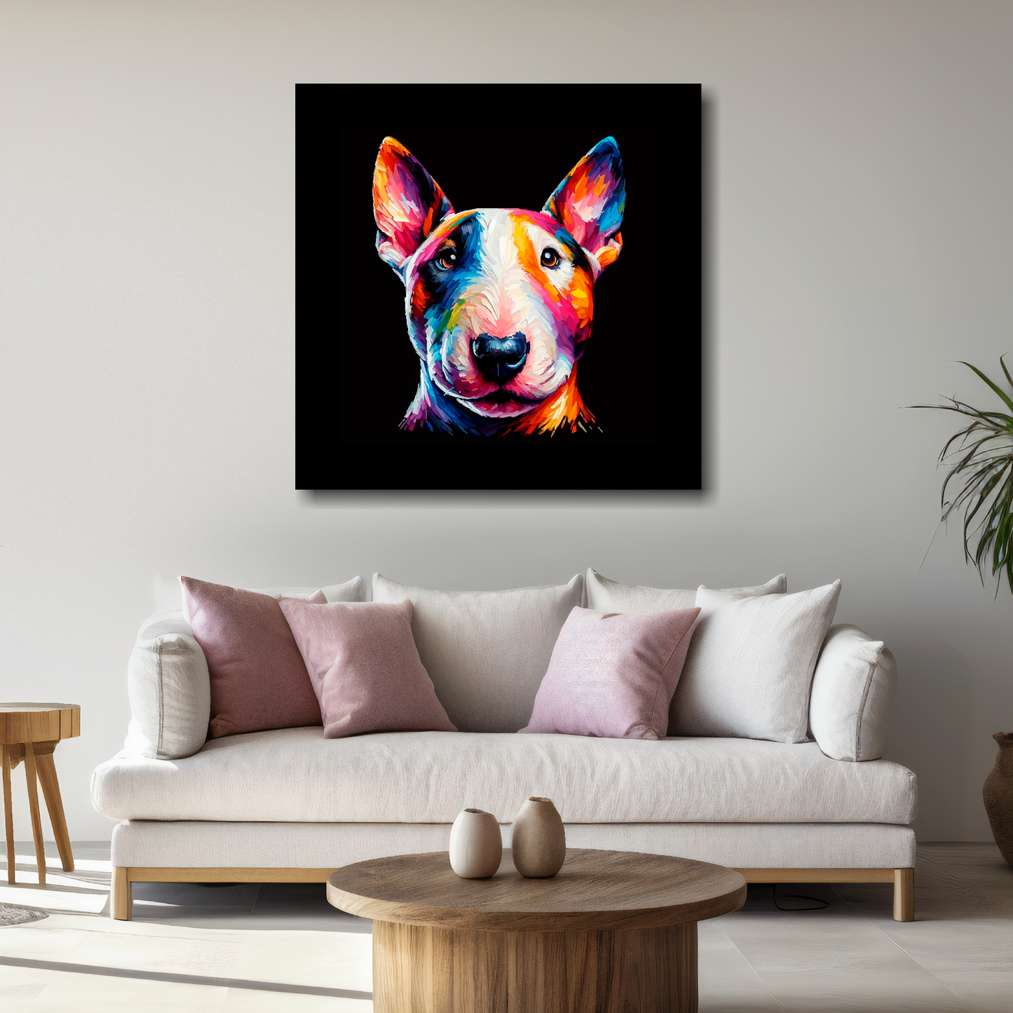 Large Bull Terrier Miniature canvas above white sofa - vibrant abstract dog portrait wall art UK