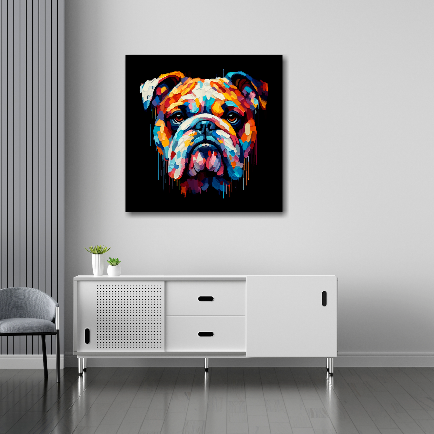 Bulldog canvas 30x30 inches above sideboard - large colourful dog portrait UK made