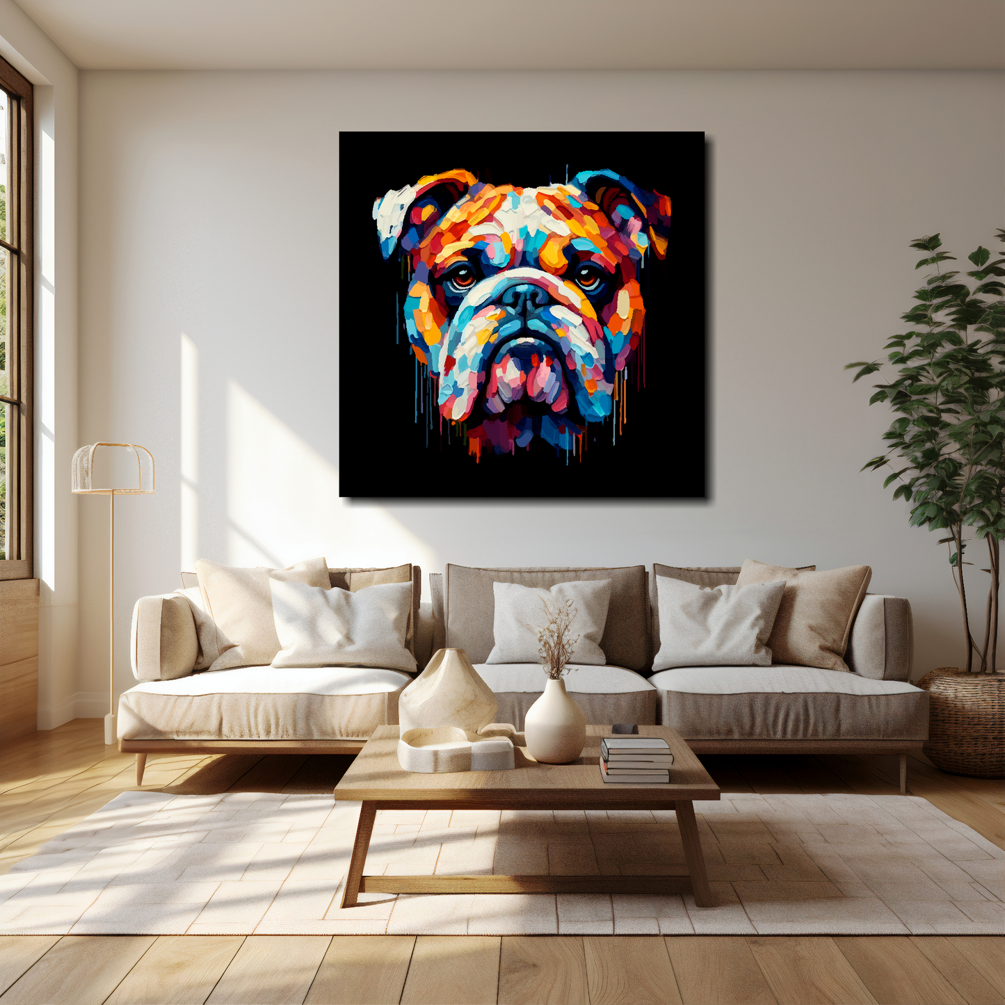 Bulldog canvas 40x40 inches above cream sofa - XL vibrant dog wall art UK