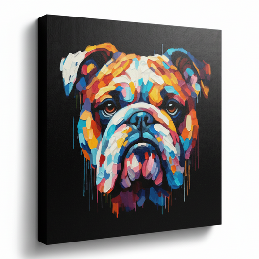 Colourful Bulldog dog portrait canvas print - UK made abstract pet wall art black background