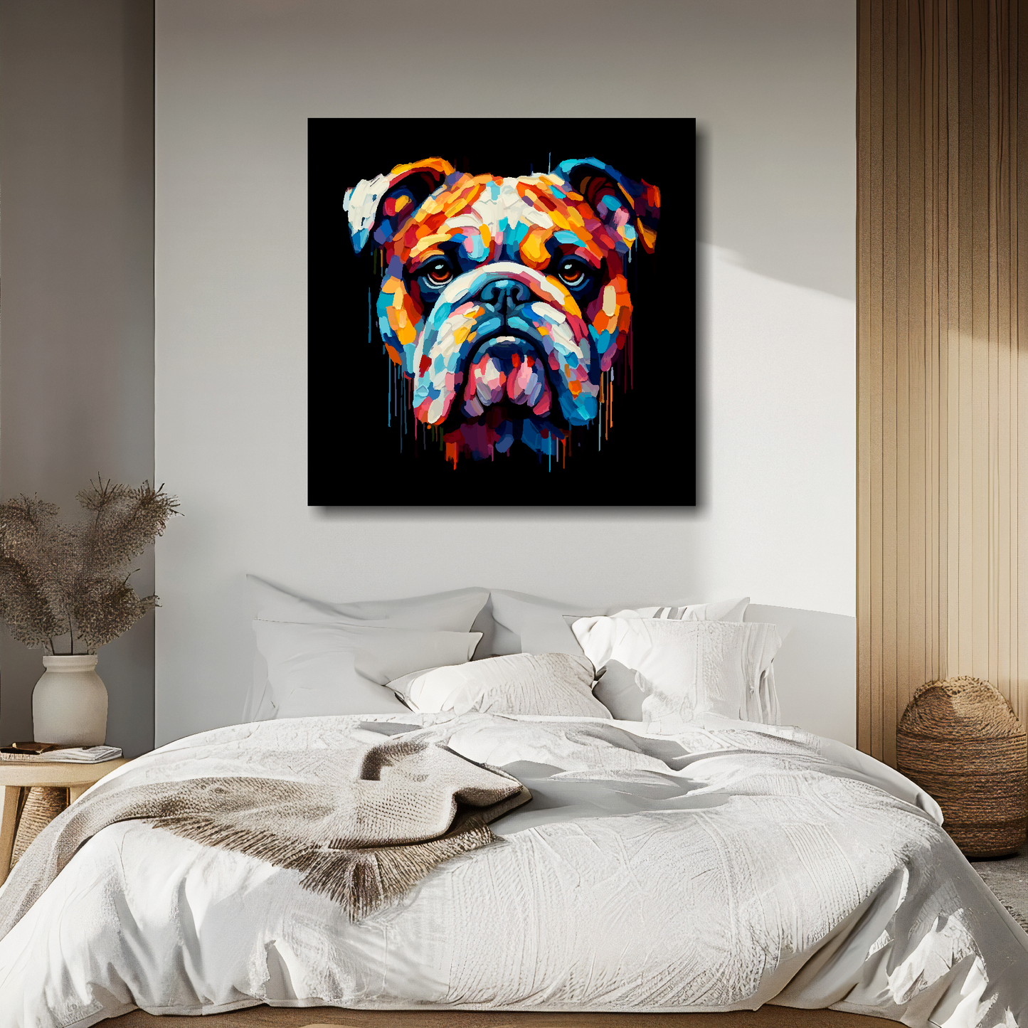 Bulldog portrait canvas above bed - colourful dog wall decor for UK bedrooms