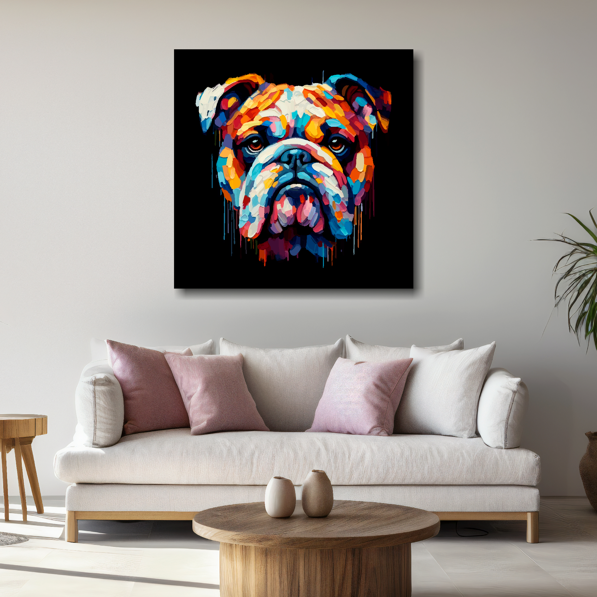 Large Bulldog canvas above white sofa - vibrant abstract dog portrait wall art UK