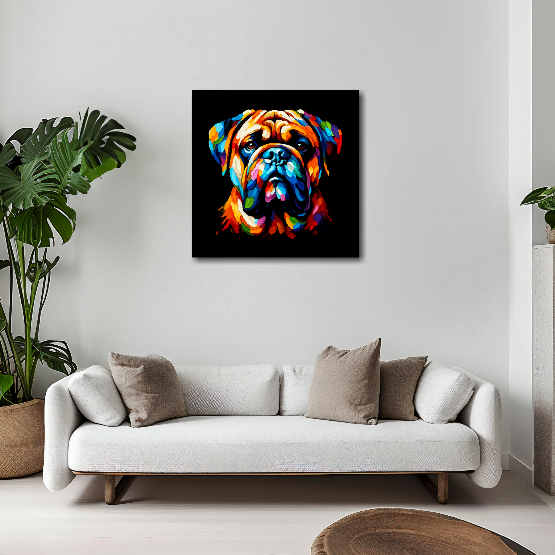 Bullmastiff canvas 20x20 inches above white sofa - vibrant dog portrait wall art UK