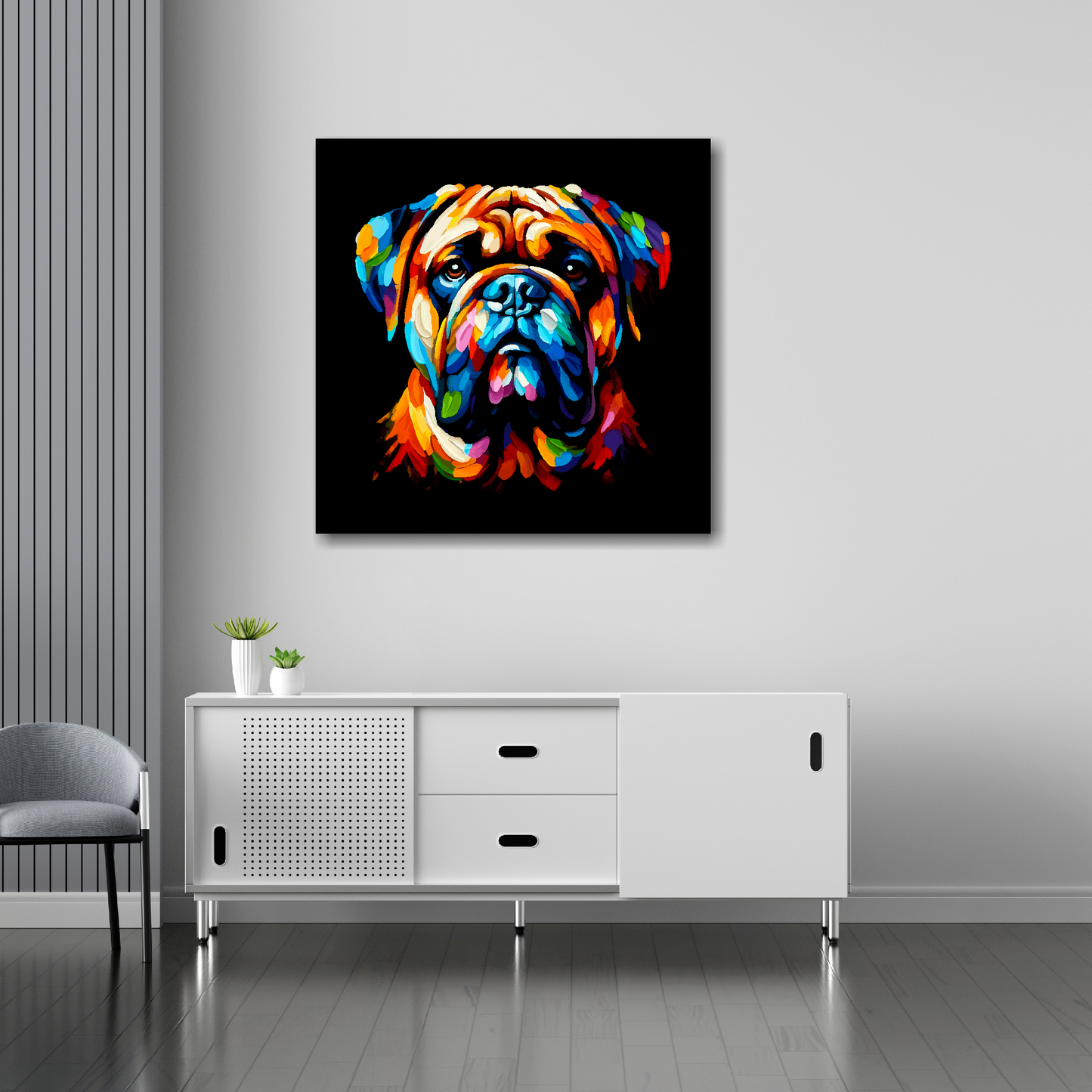 Bullmastiff canvas 30x30 inches above sideboard - large colourful dog portrait UK made