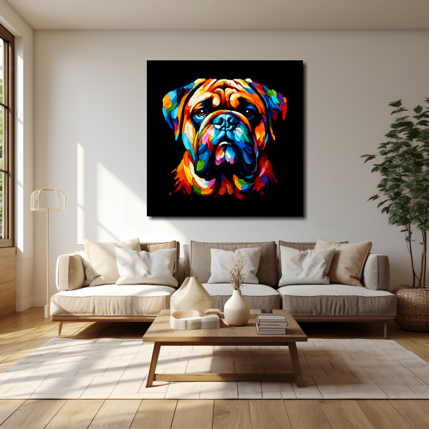 Bullmastiff canvas 40x40 inches above cream sofa - XL vibrant dog wall art UK