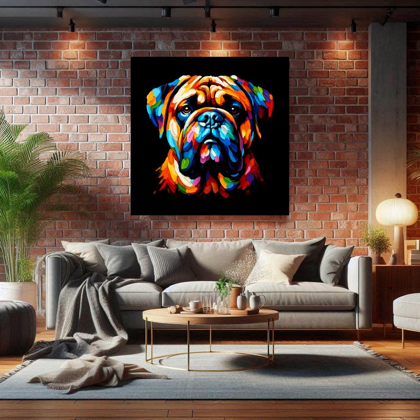 Large Bullmastiff canvas on brick wall above grey sofa - bold dog portrait UK living room