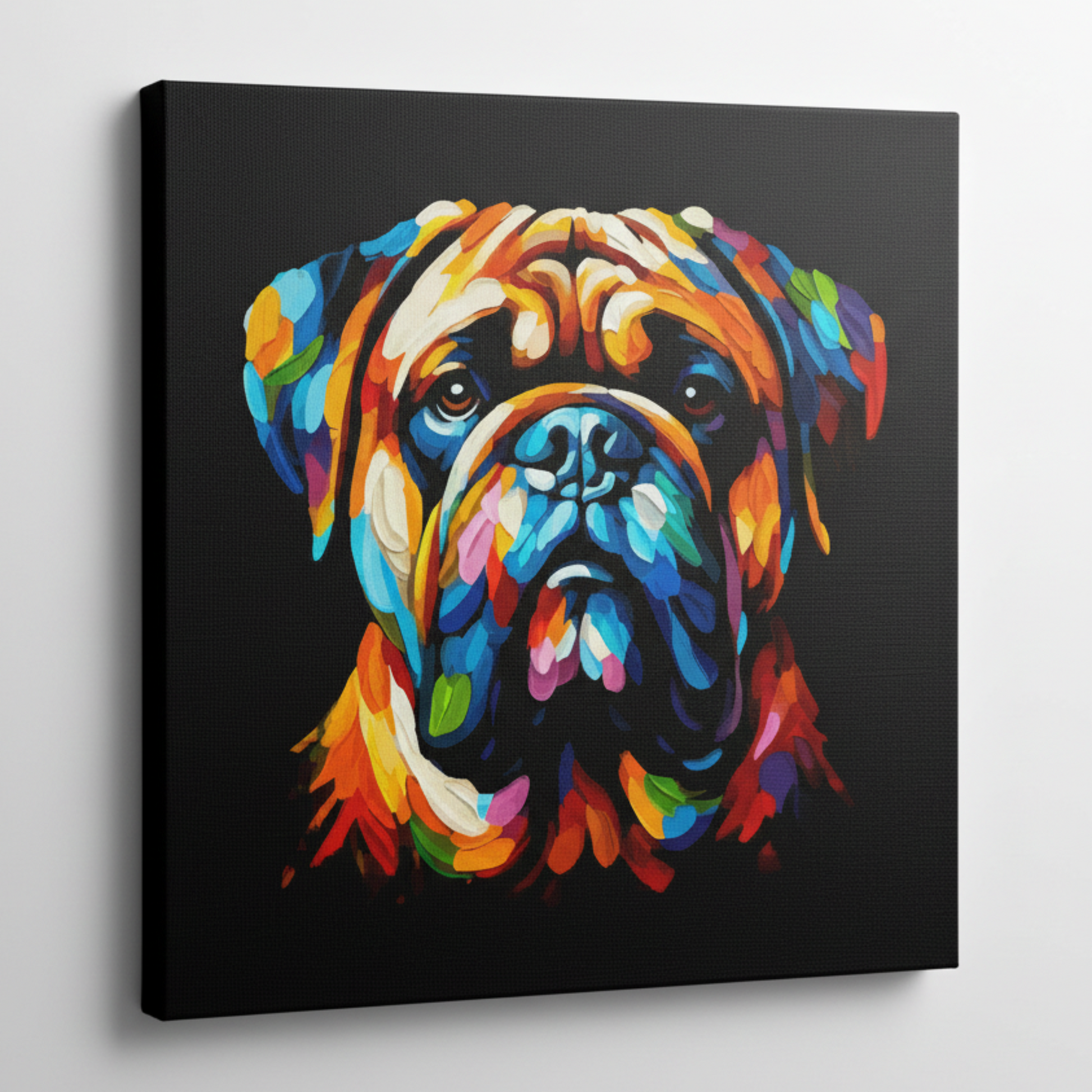 Colourful Bullmastiff dog portrait canvas print - UK made abstract pet wall art black background