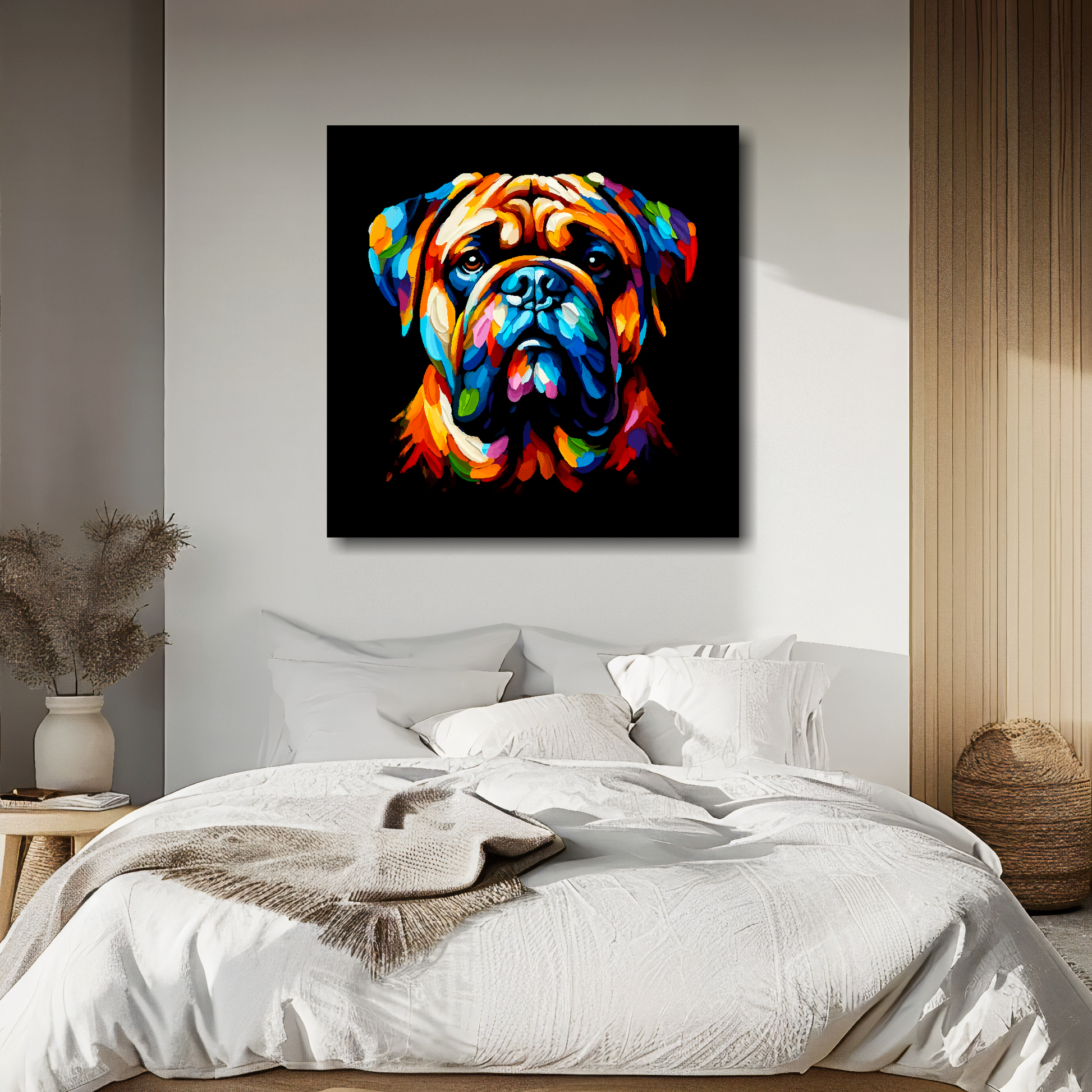 Bullmastiff portrait canvas above bed - colourful dog wall decor for UK bedrooms