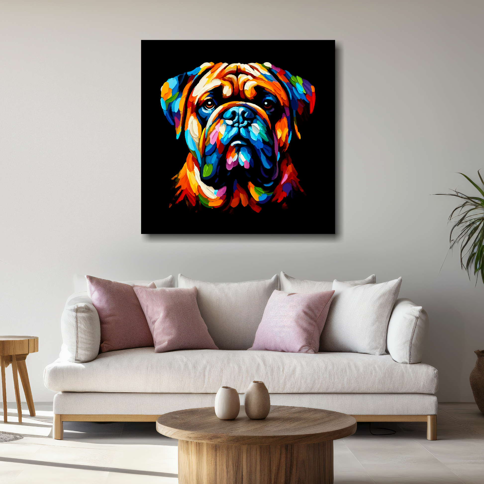 Large Bullmastiff canvas above white sofa - vibrant abstract dog portrait wall art UK