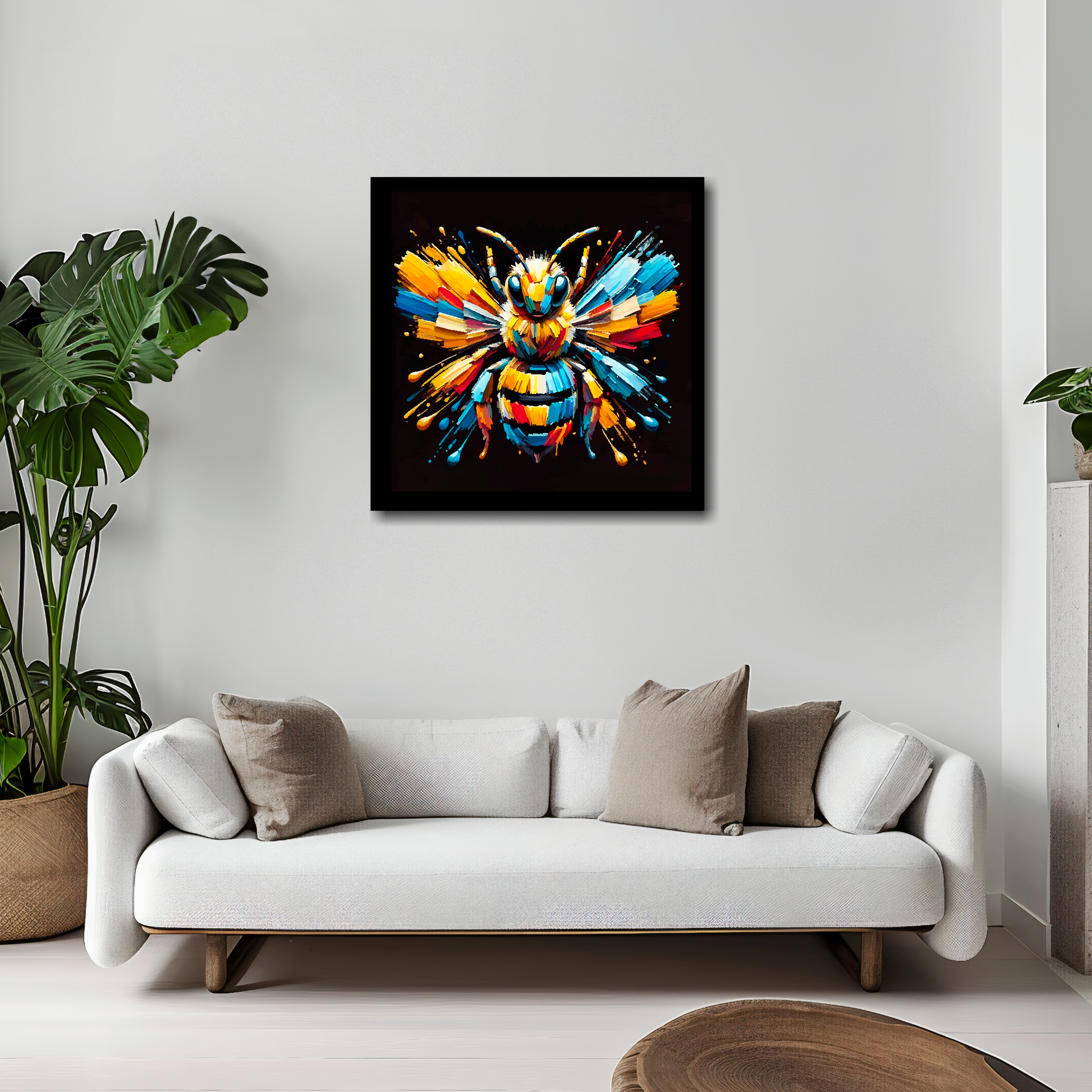Bumble Bee canvas 20x20 inches above white sofa - vibrant insect portrait wall art UK
