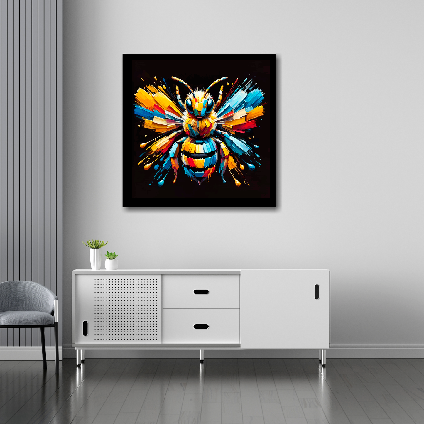 Bumble Bee canvas 30x30 inches above sideboard - large colourful insect portrait UK made