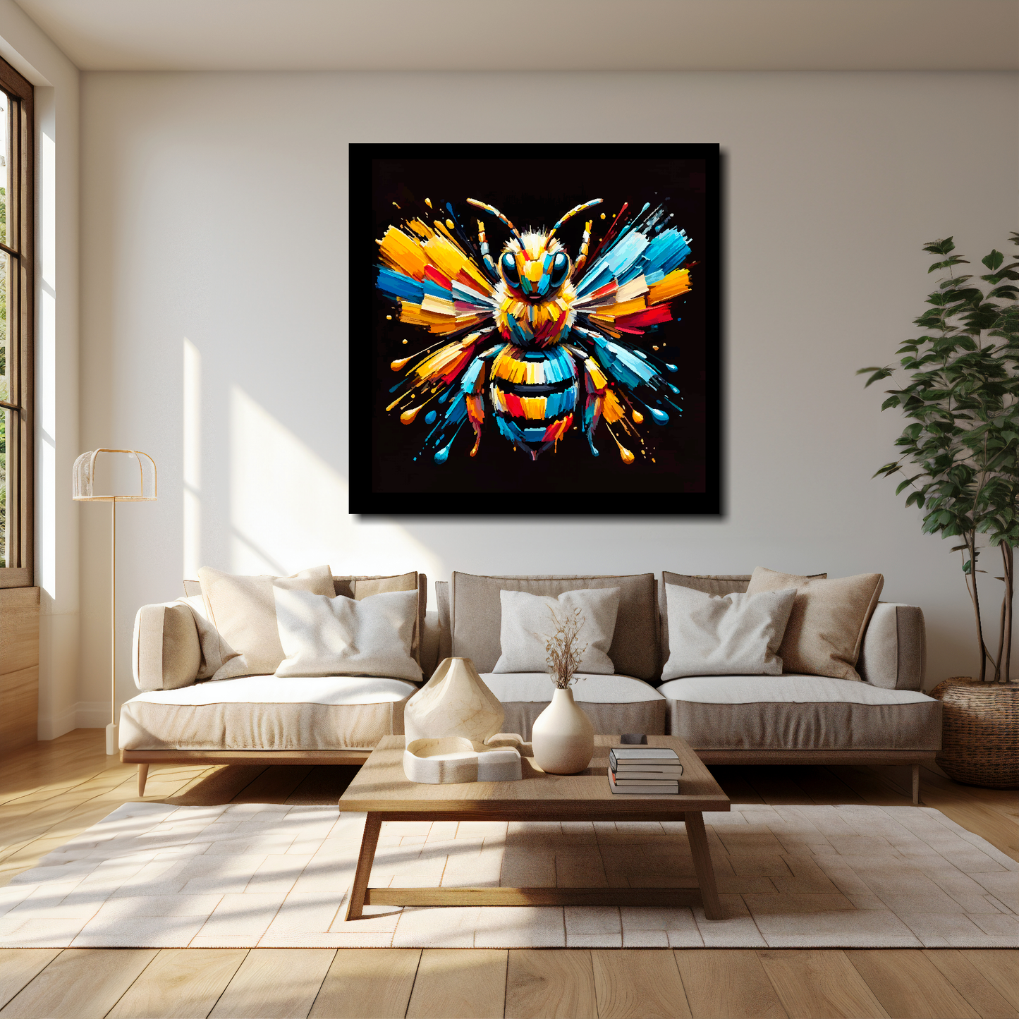 Bumble Bee canvas 40x40 inches above cream sofa - XL vibrant insect wall art UK