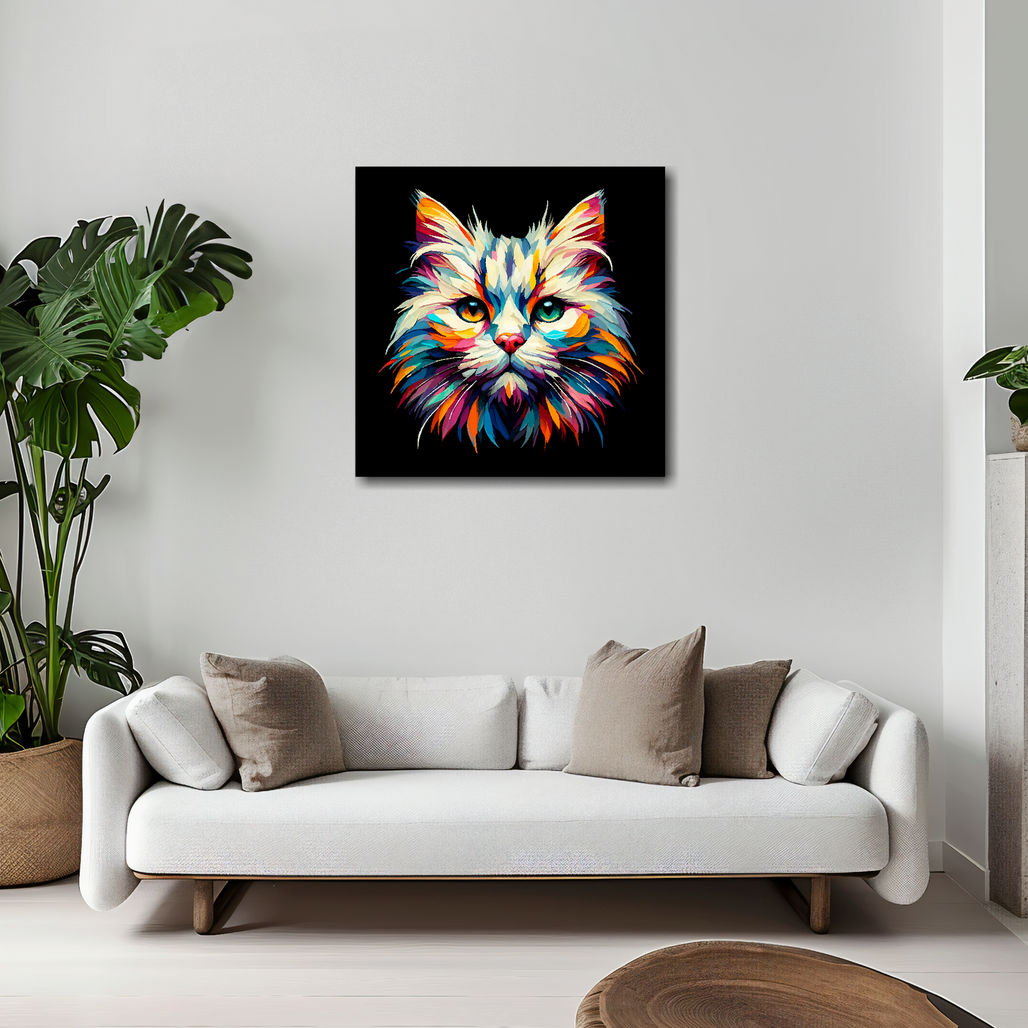 Burmilla cat canvas 20x20 inches above white sofa - vibrant cat portrait wall art UK