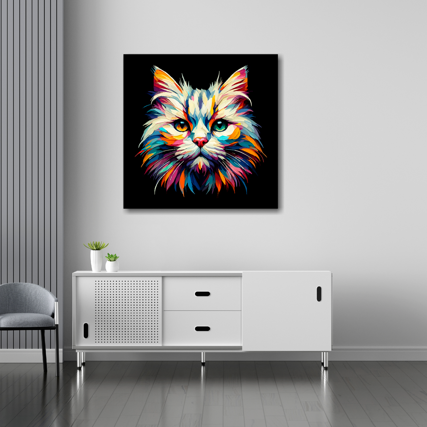 Burmilla cat canvas 30x30 inches above sideboard - large colourful cat portrait UK made