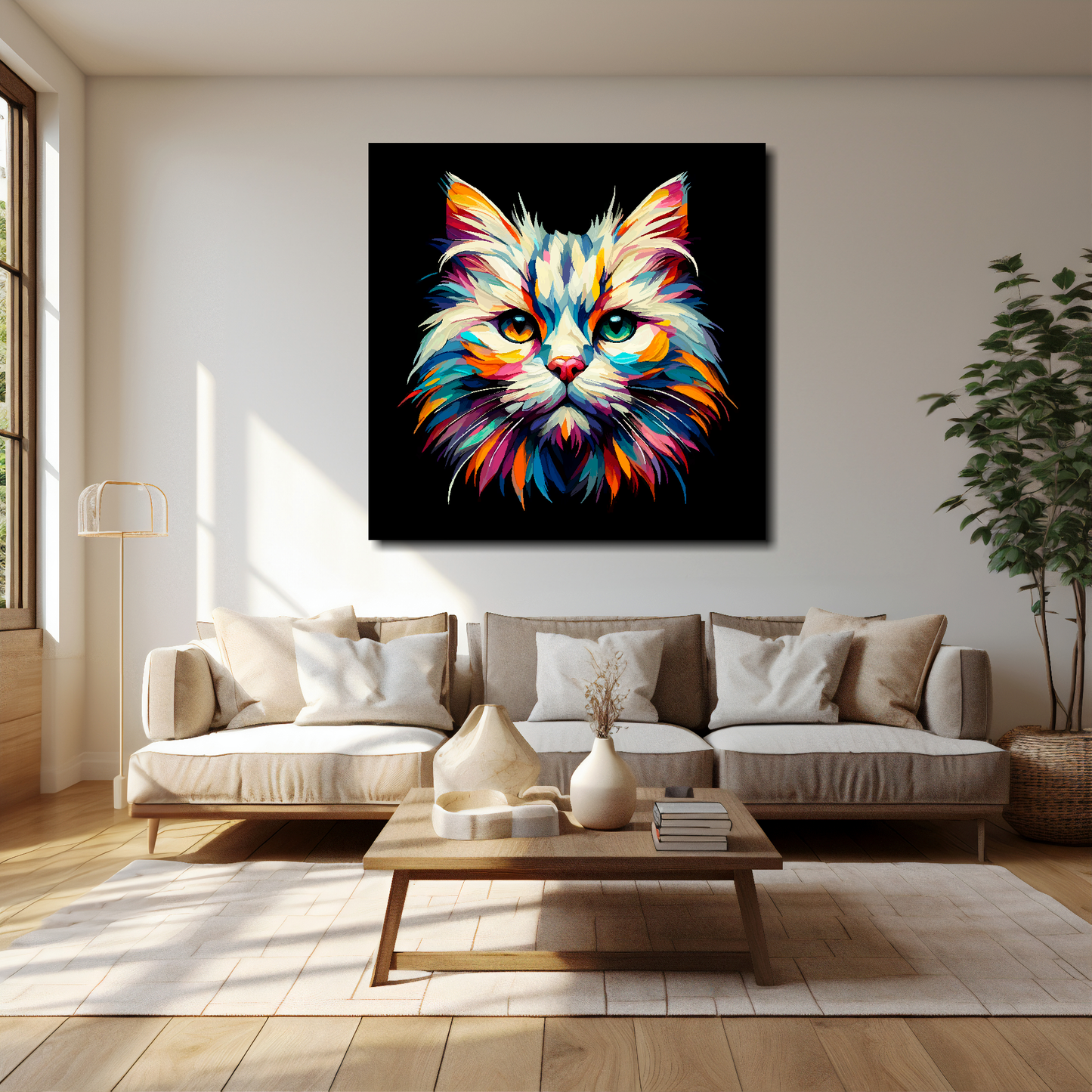 Burmilla cat canvas 40x40 inches above cream sofa - XL vibrant cat wall art UK