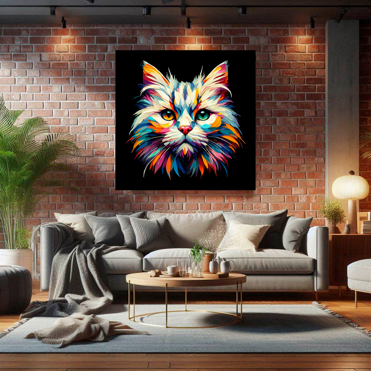 Large Burmilla cat canvas on brick wall above grey sofa - bold cat portrait UK living room
