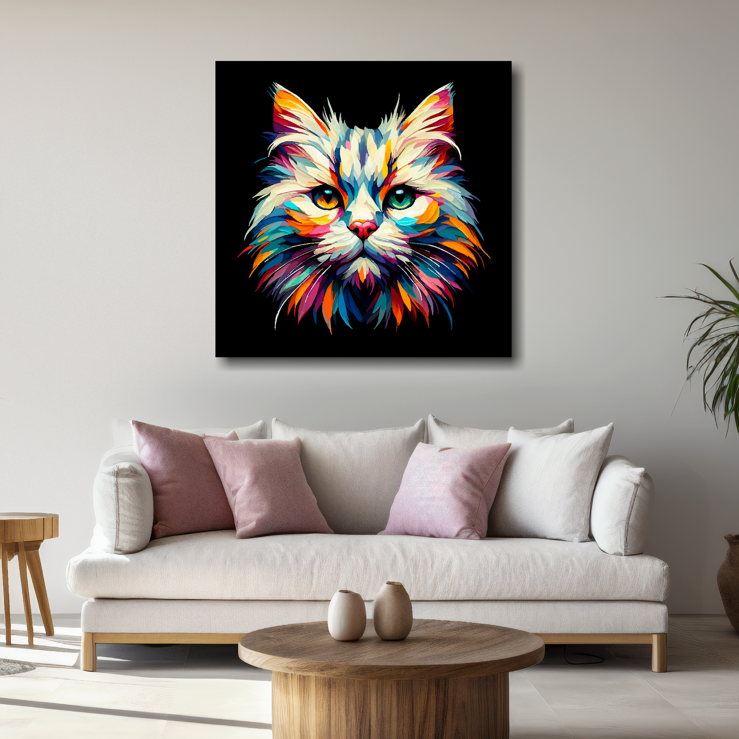 Large Burmilla cat canvas above white sofa - vibrant abstract cat portrait wall art UK