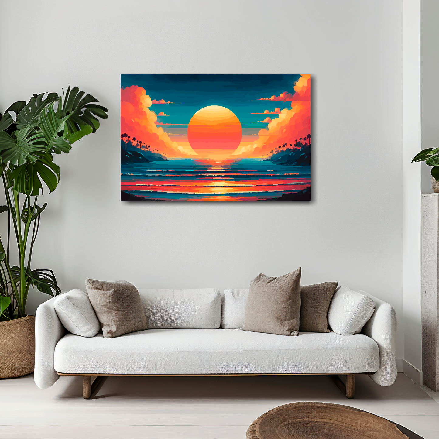 Burnt horizon canvas 30x20 inches above white sofa - vibrant landscape wall art UK
