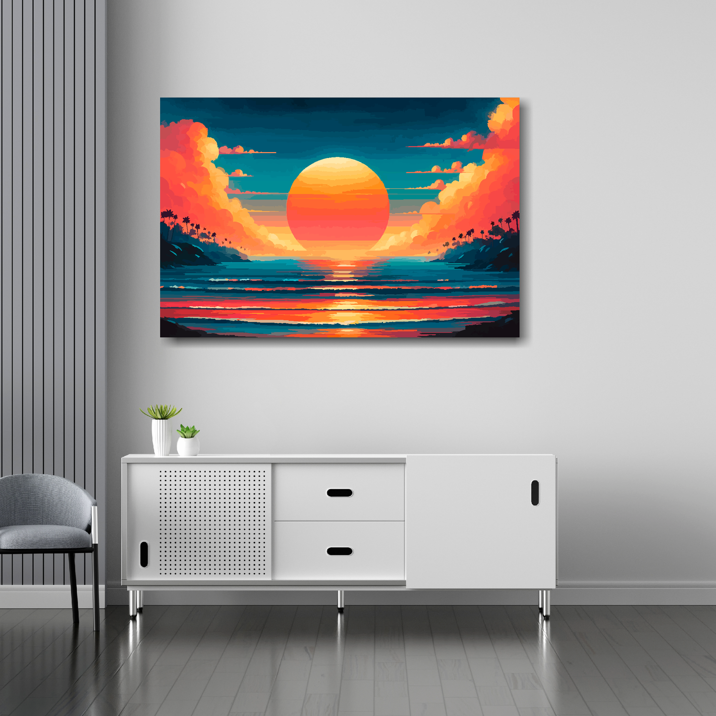 Burnt horizon canvas 36x24 inches above sideboard - large colourful landscape art UK made