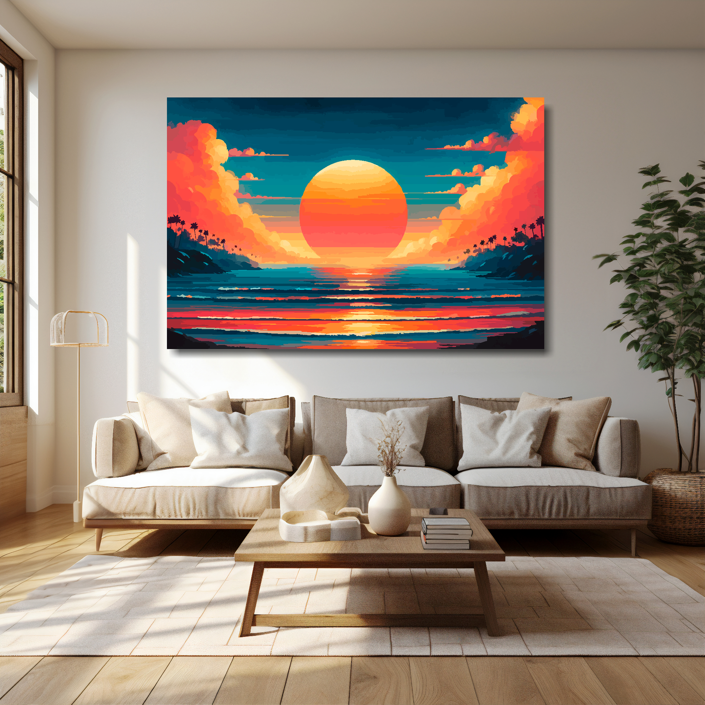Burnt horizon canvas 60x40 inches above cream sofa - XL vibrant landscape wall art UK