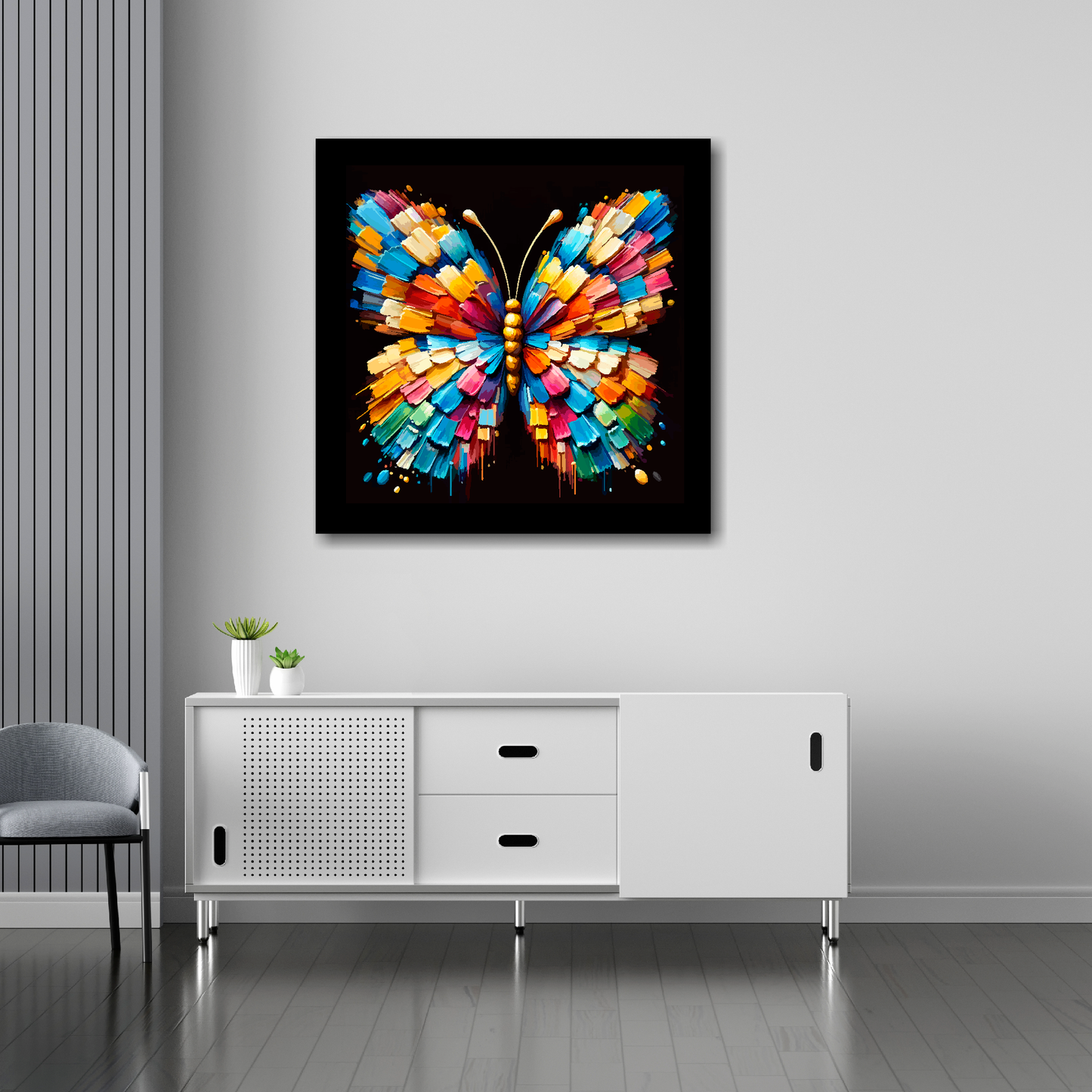 Butterfly canvas 30x30 inches above sideboard - large colourful insect portrait UK made