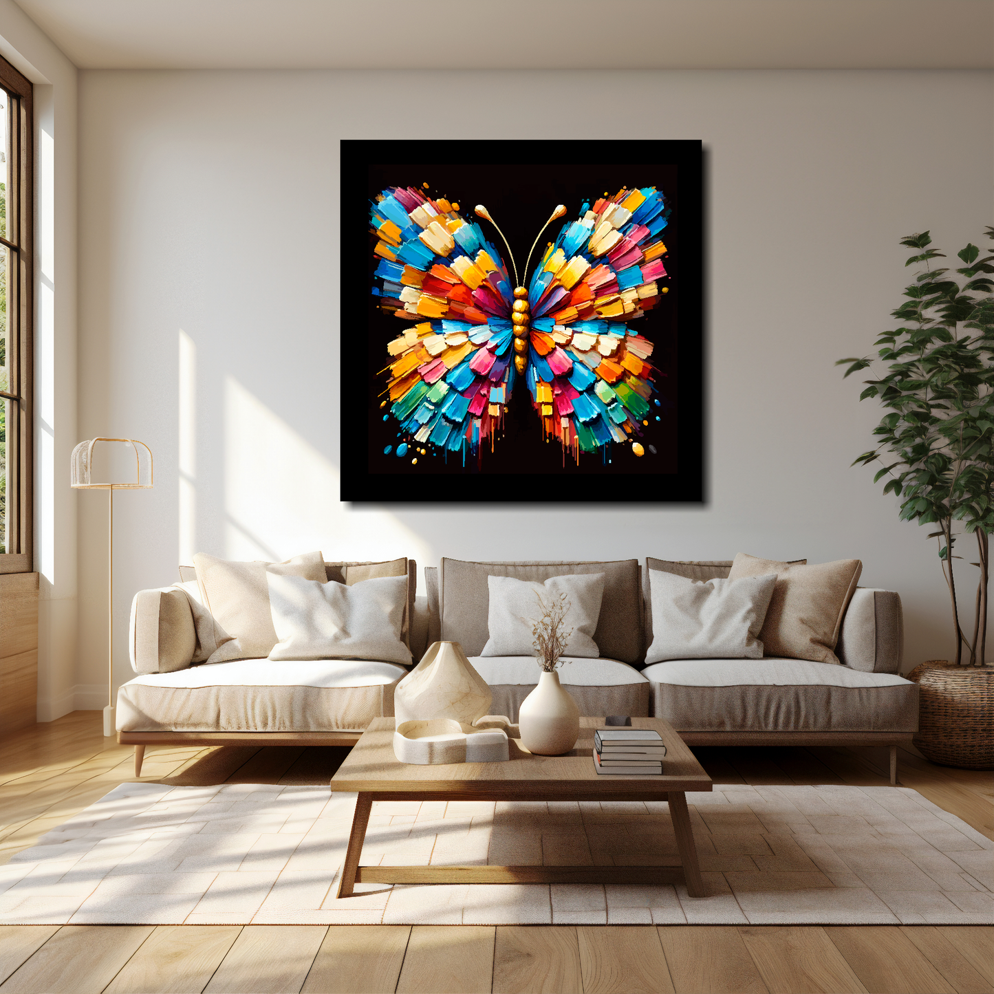 Butterfly canvas 40x40 inches above cream sofa - XL vibrant insect wall art UK