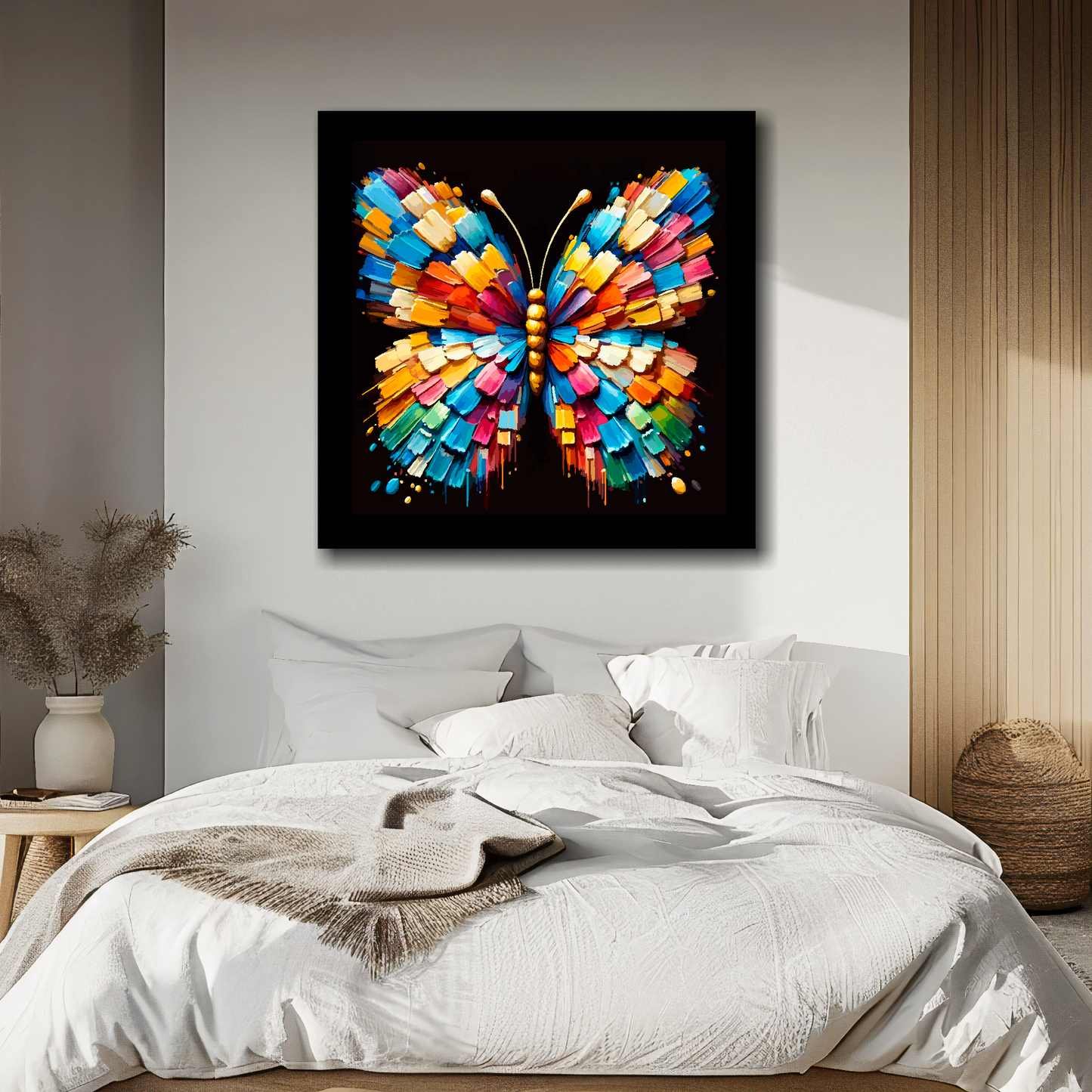 Butterfly portrait canvas above bed - colourful insect wall decor for UK bedrooms