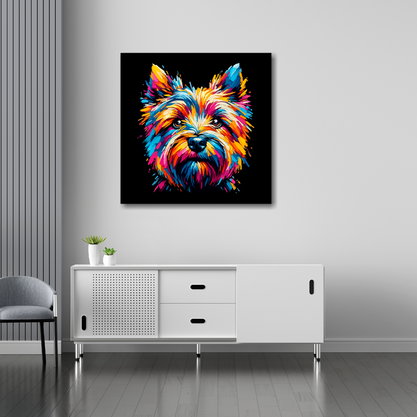 Cairn Terrier canvas 30x30 inches above sideboard - large colourful dog portrait UK made