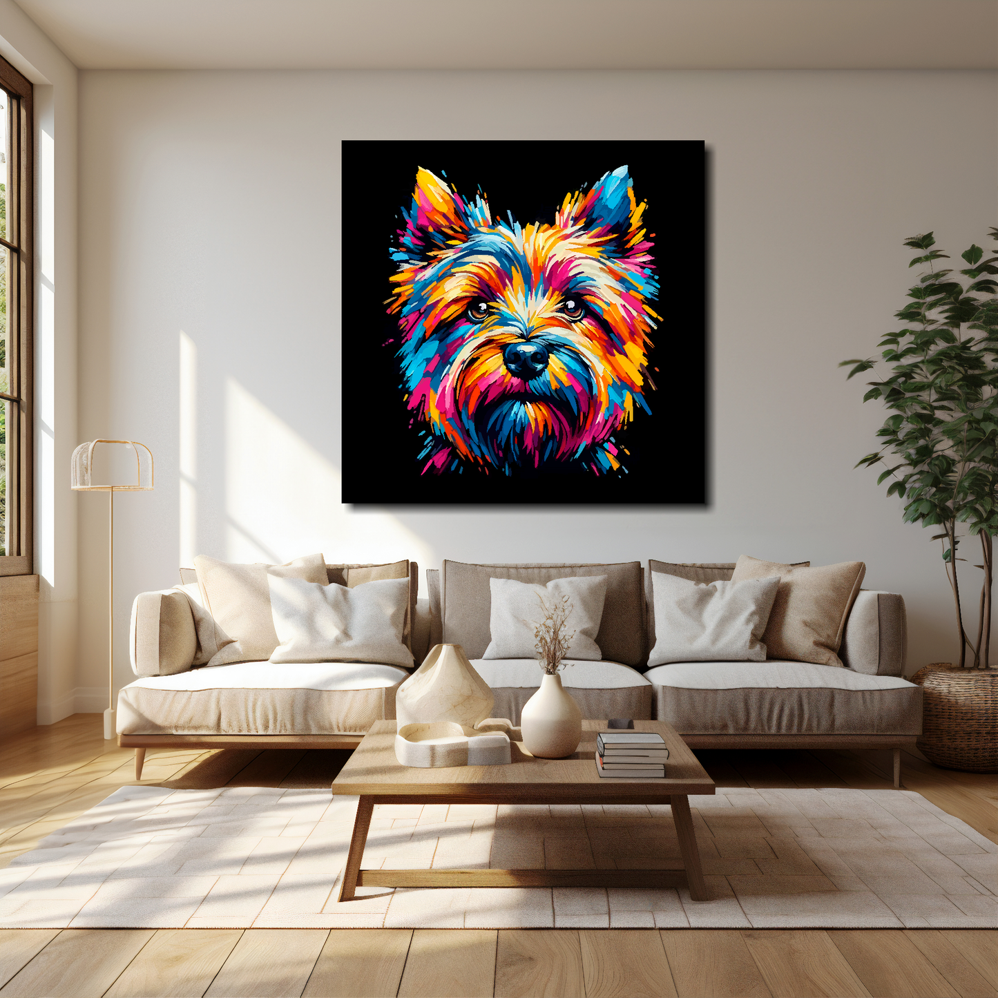 Cairn Terrier canvas 40x40 inches above cream sofa - XL vibrant dog wall art UK