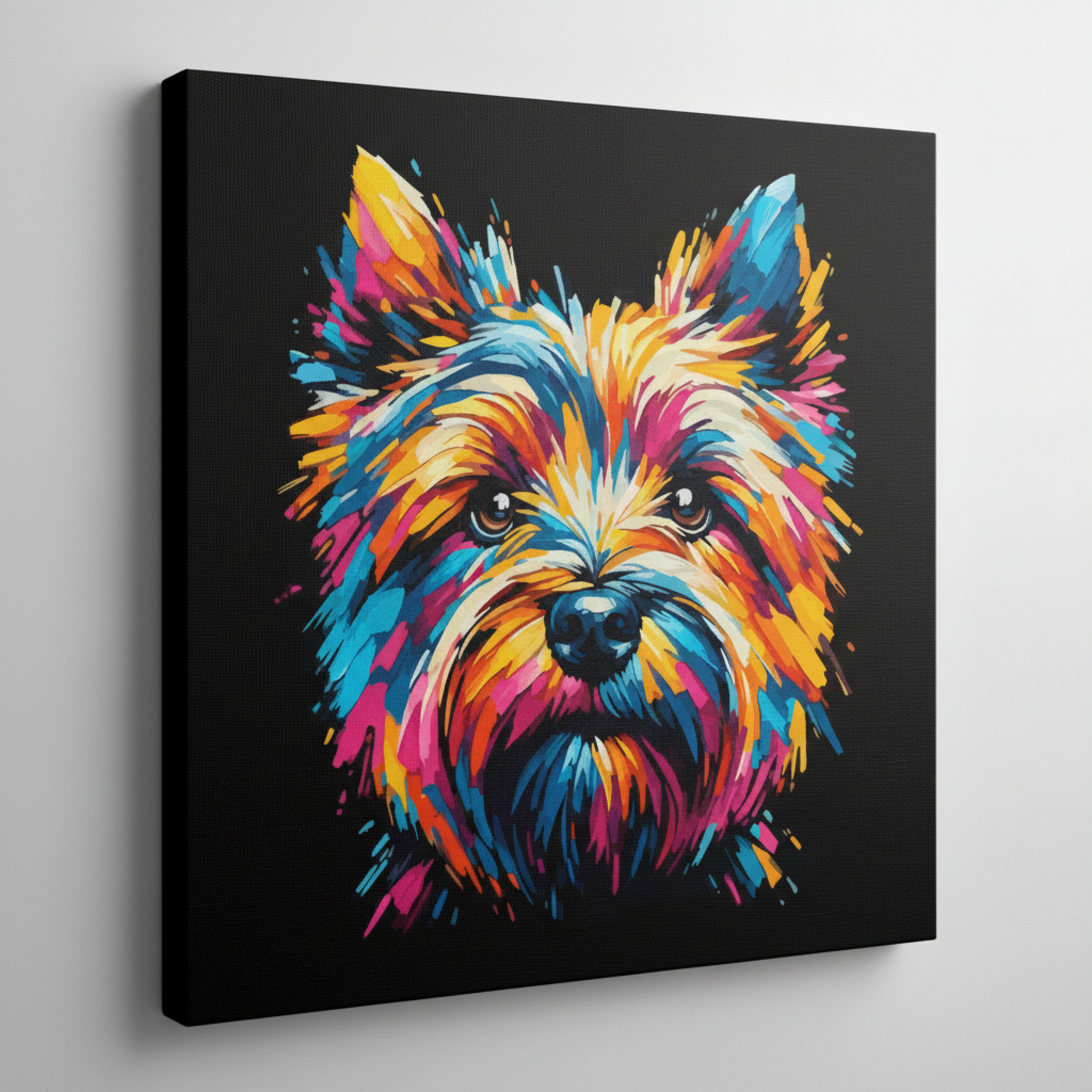 Colourful Cairn Terrier dog portrait canvas print - UK made abstract pet wall art black background