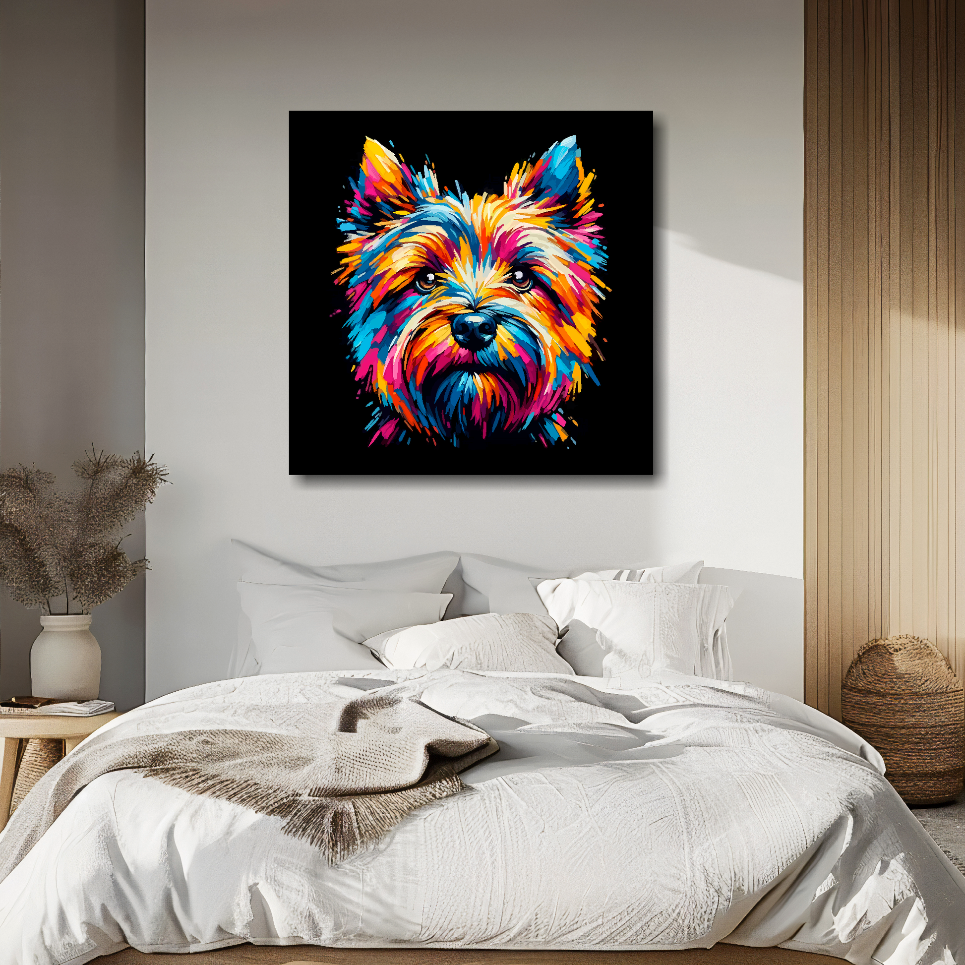 Cairn Terrier portrait canvas above bed - colourful dog wall decor for UK bedrooms