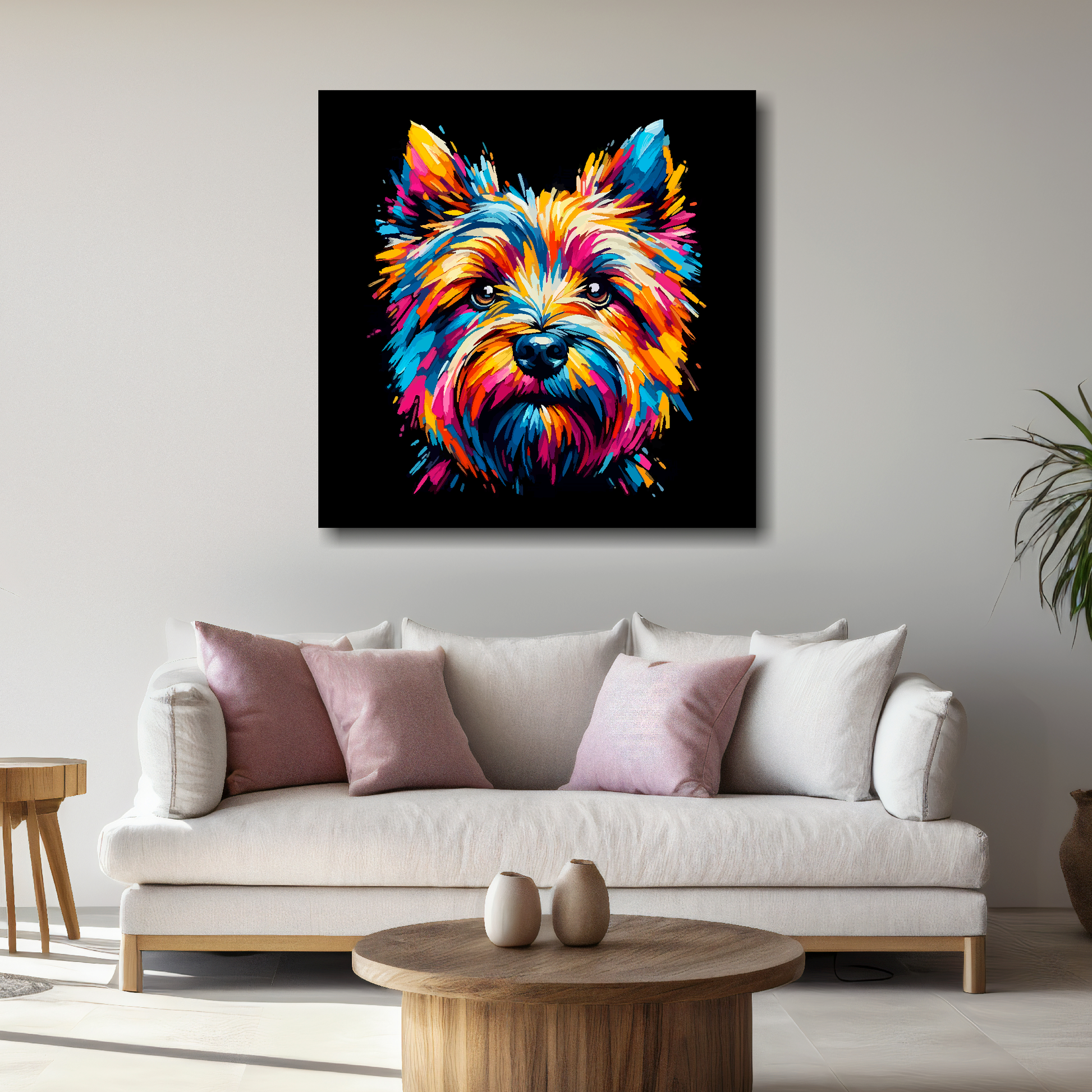 Large Cairn Terrier canvas above white sofa - vibrant abstract dog portrait wall art UK