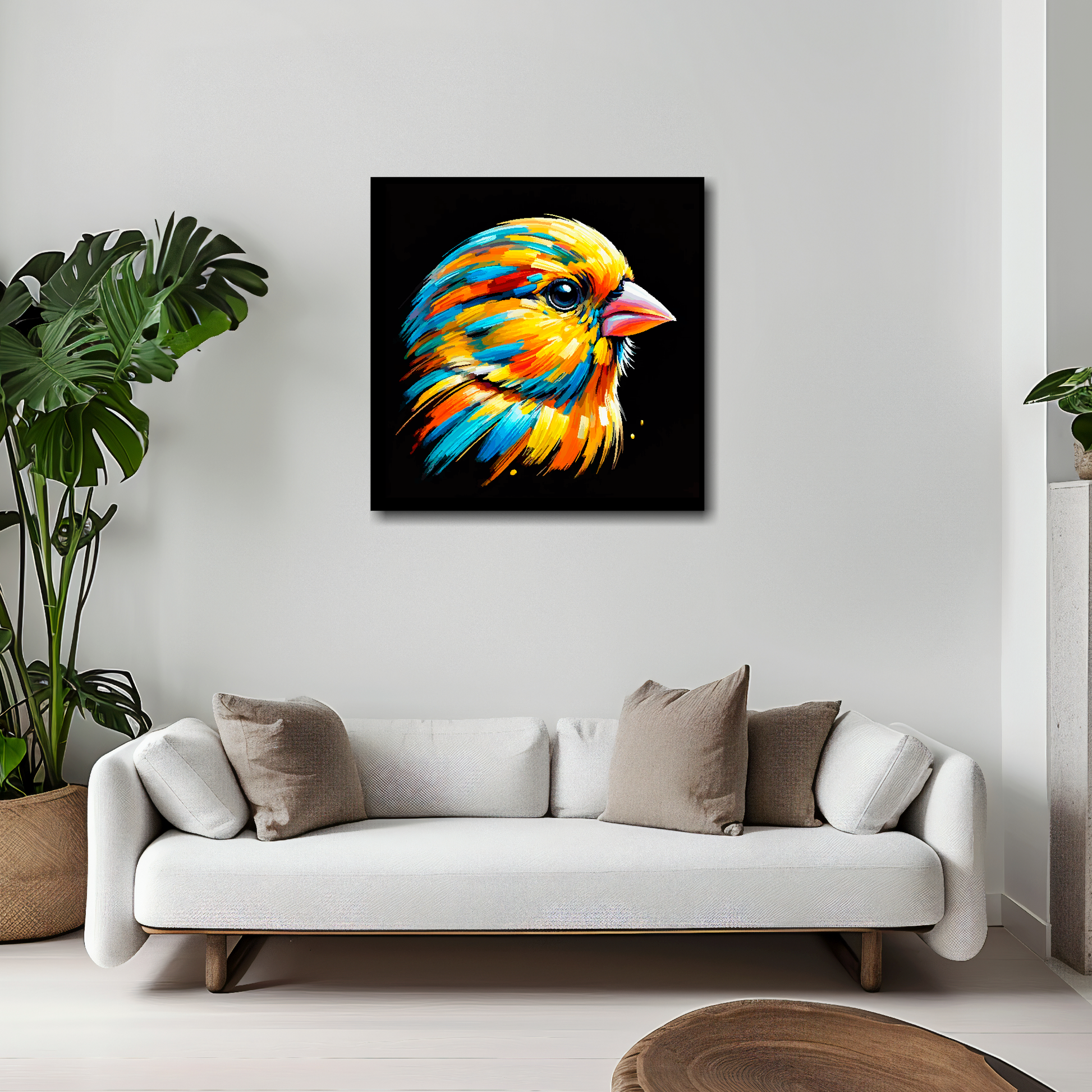Canary canvas 20x20 inches above white sofa - vibrant bird portrait wall art UK