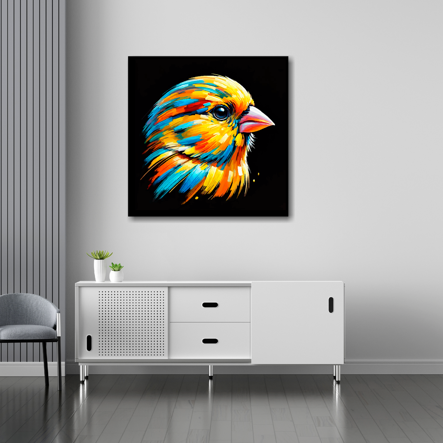 Canary canvas 30x30 inches above sideboard - large colourful bird portrait UK made