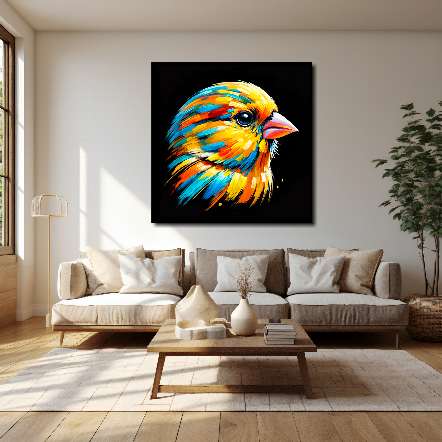 Canary canvas 40x40 inches above cream sofa - XL vibrant bird wall art UK