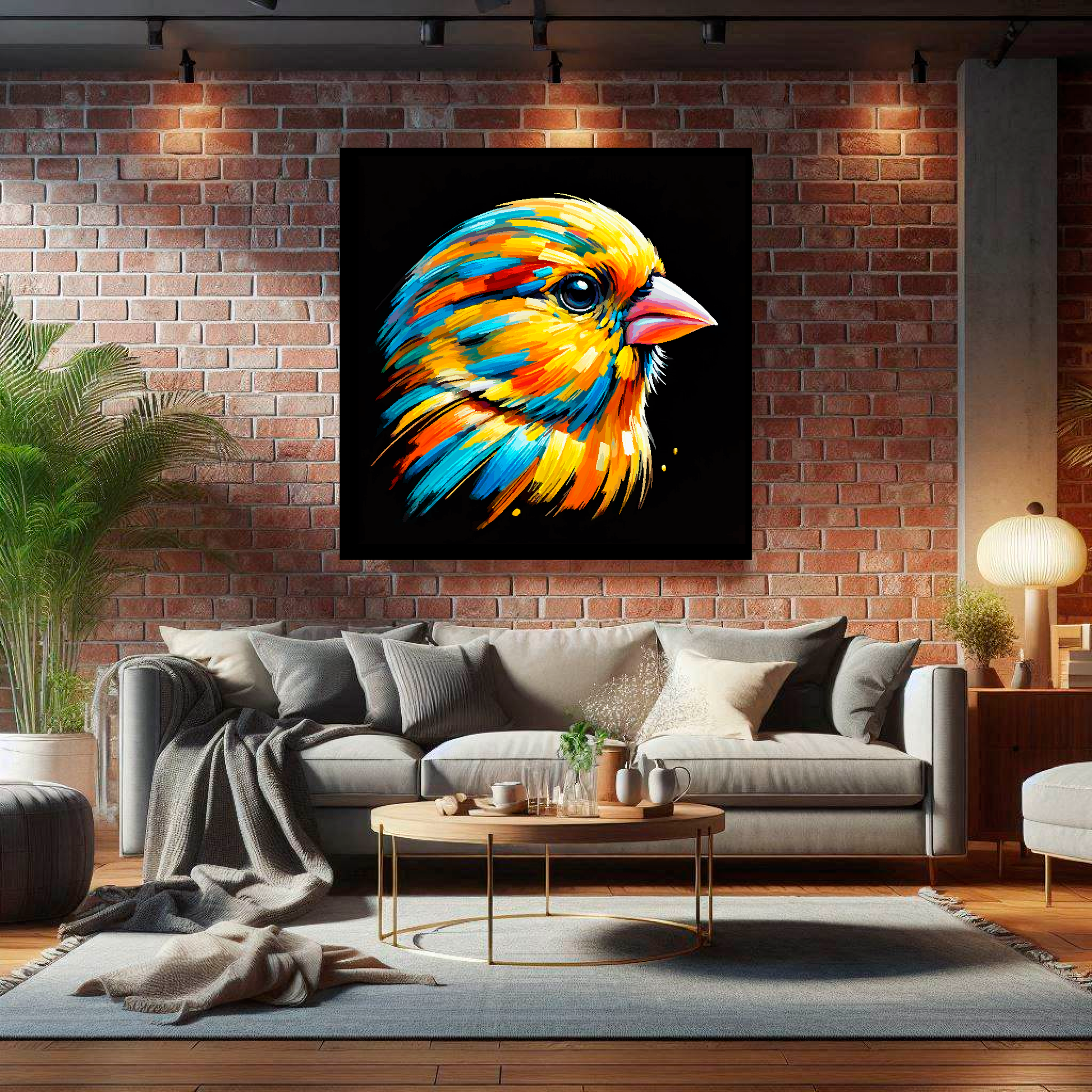 Large Canary canvas on brick wall above grey sofa - bold bird portrait UK living room