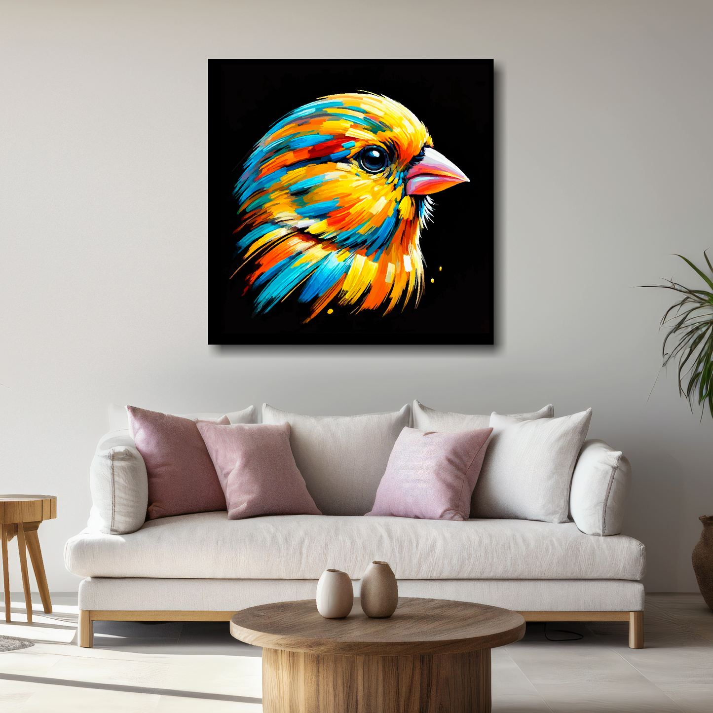 Large Canary canvas above white sofa - vibrant abstract bird portrait wall art UK