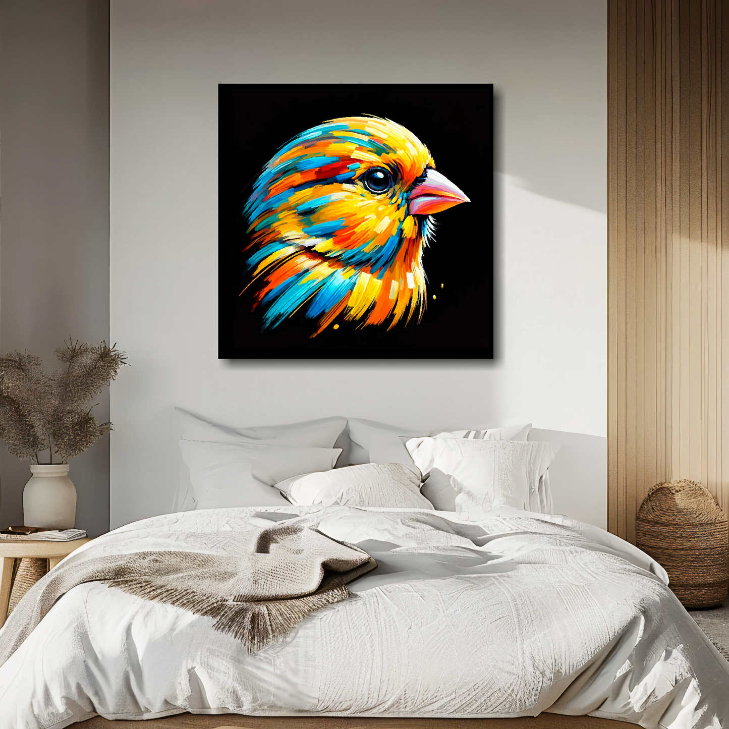 Canary portrait canvas above bed - colourful bird wall decor for UK bedrooms