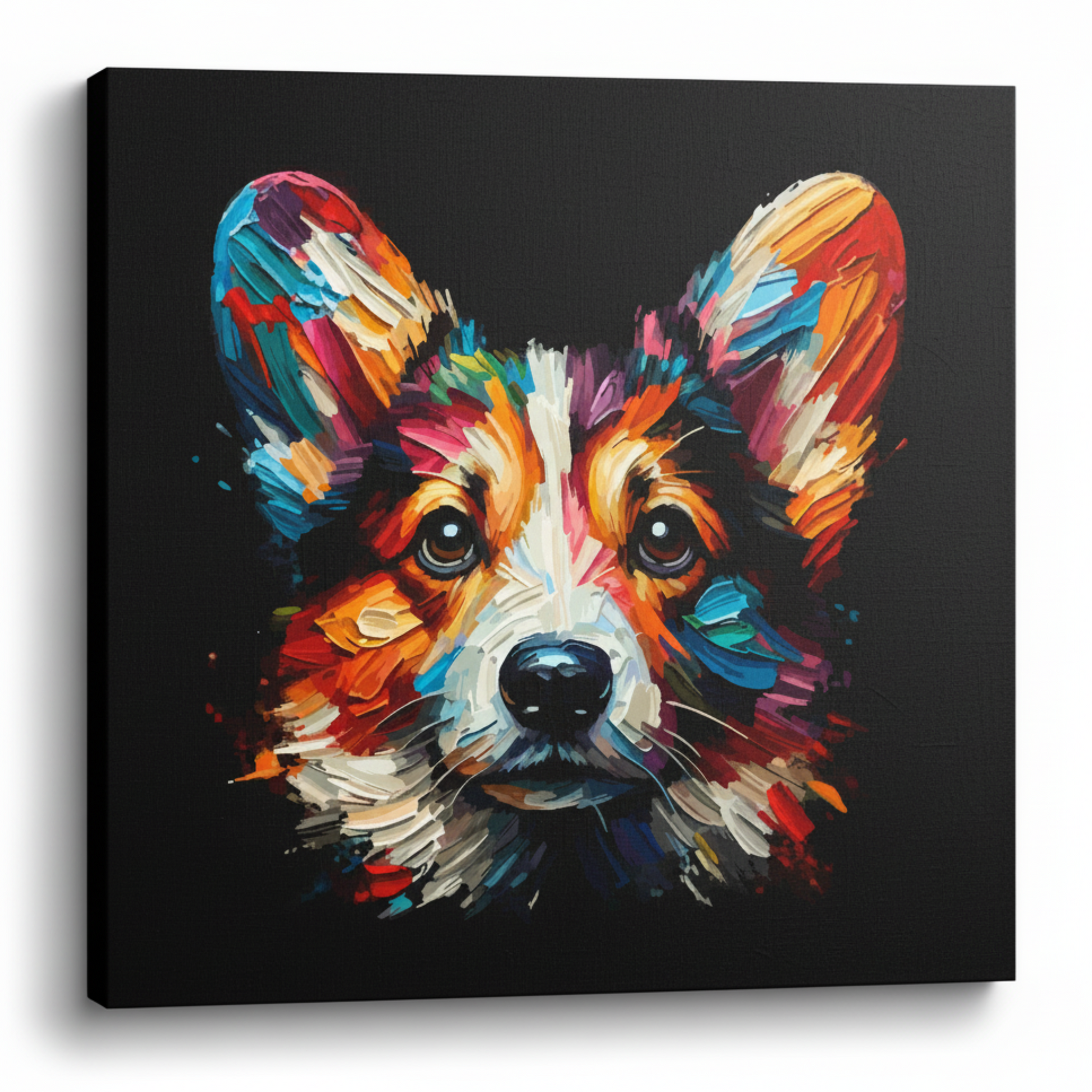 Colourful Cardigan Welsh Corgi dog portrait canvas print - UK made abstract pet wall art black background