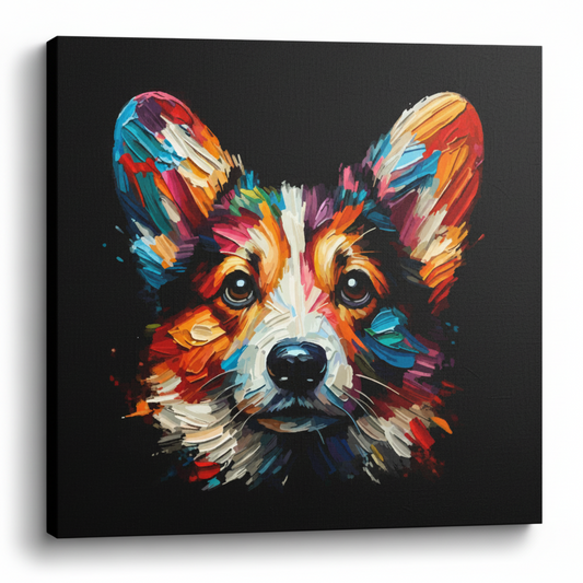 Colourful Cardigan Welsh Corgi dog portrait canvas print - UK made abstract pet wall art black background