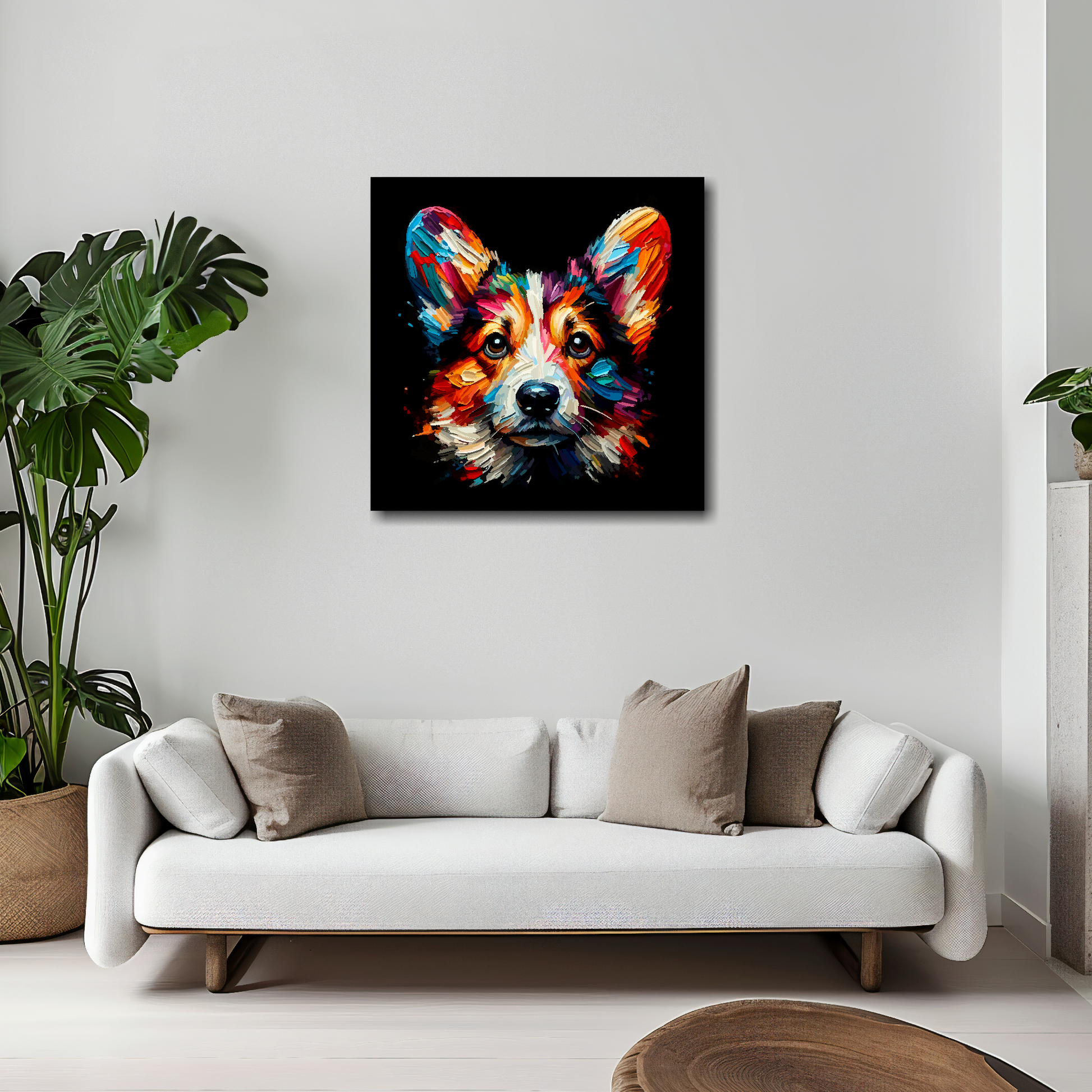 Cardigan Welsh Corgi canvas 20x20 inches above white sofa - vibrant dog portrait wall art UK