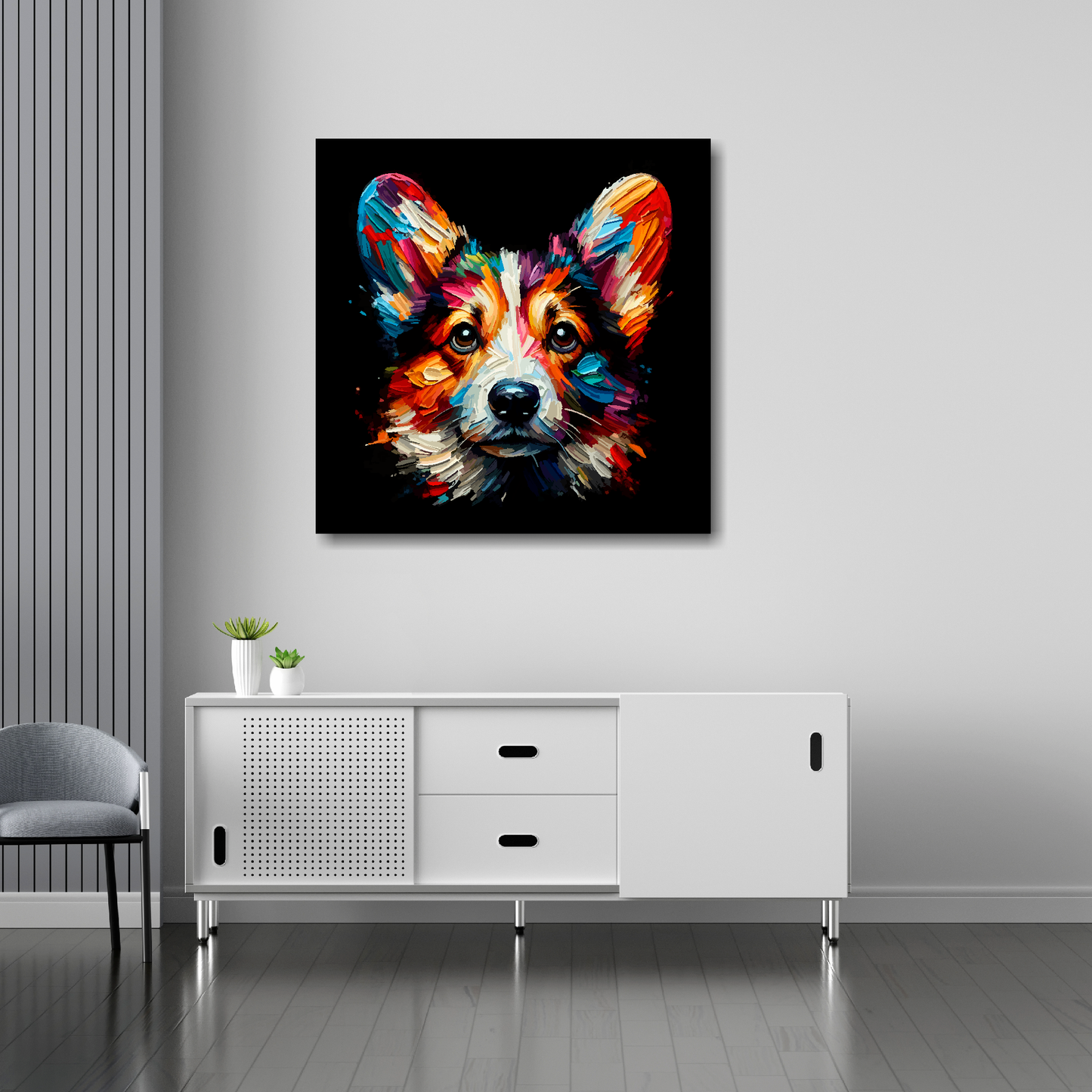 Cardigan Welsh Corgi canvas 30x30 inches above sideboard - large colourful dog portrait UK made