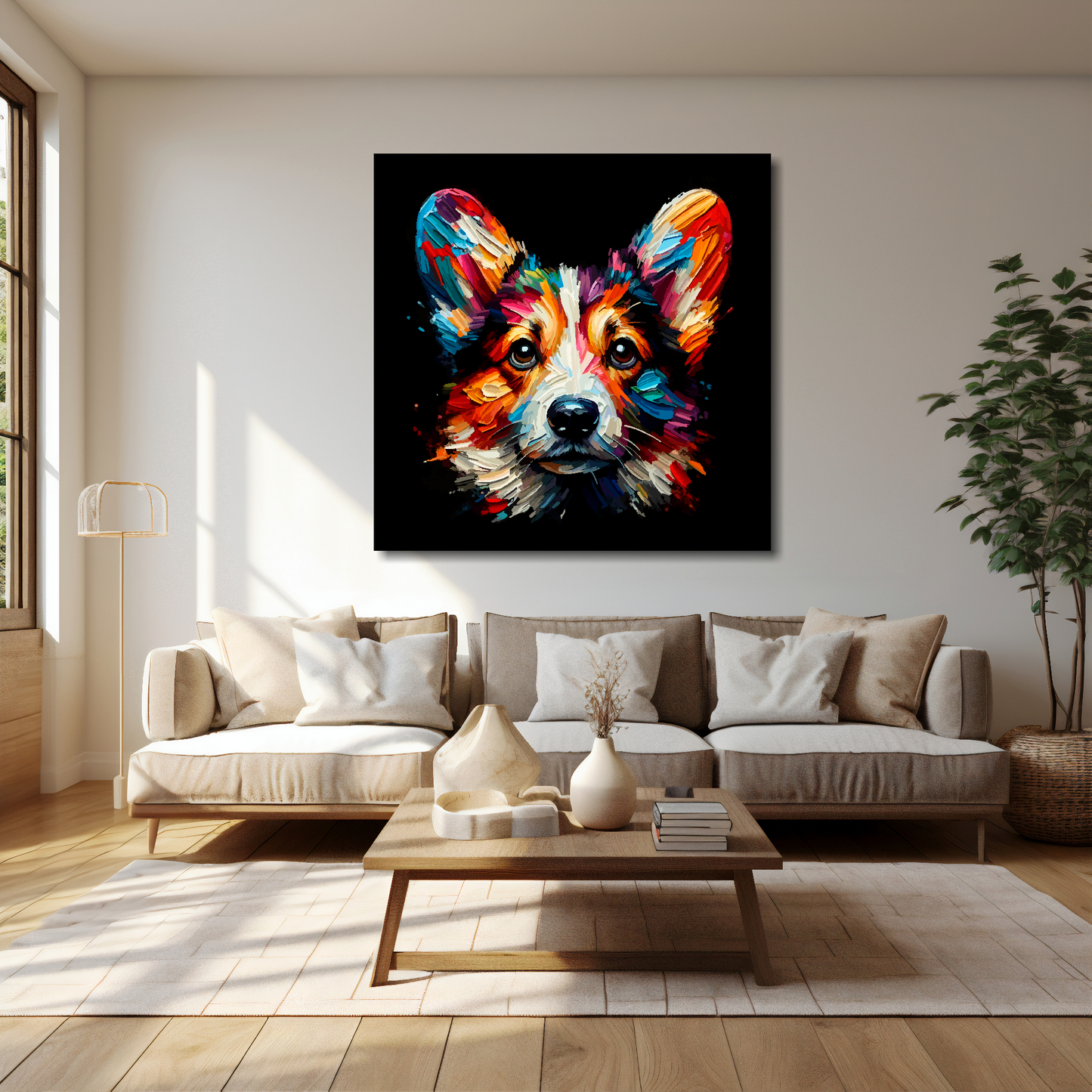 Cardigan Welsh Corgi canvas 40x40 inches above cream sofa - XL vibrant dog wall art UK