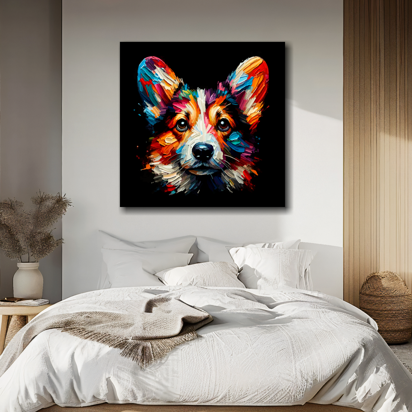 Cardigan Welsh Corgi portrait canvas above bed - colourful dog wall decor for UK bedrooms