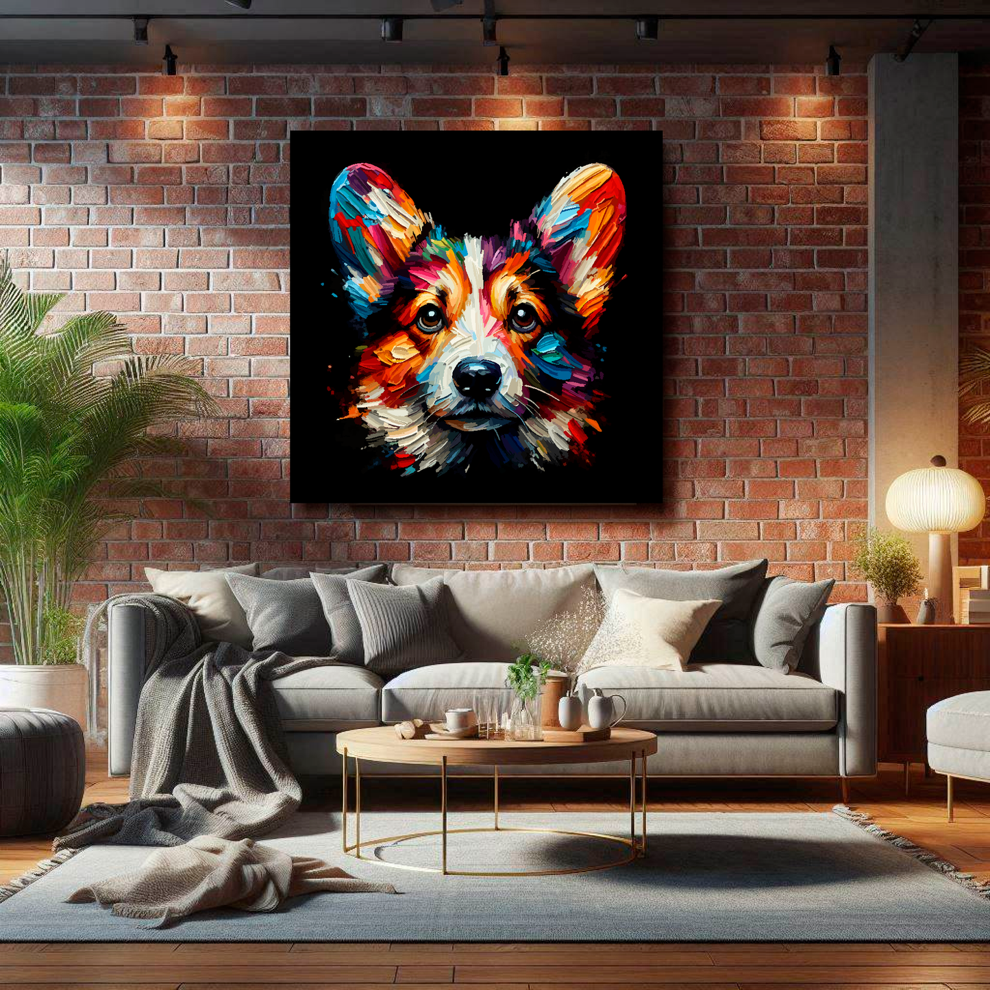 Large Cardigan Welsh Corgi canvas on brick wall above grey sofa - bold dog portrait UK living room
