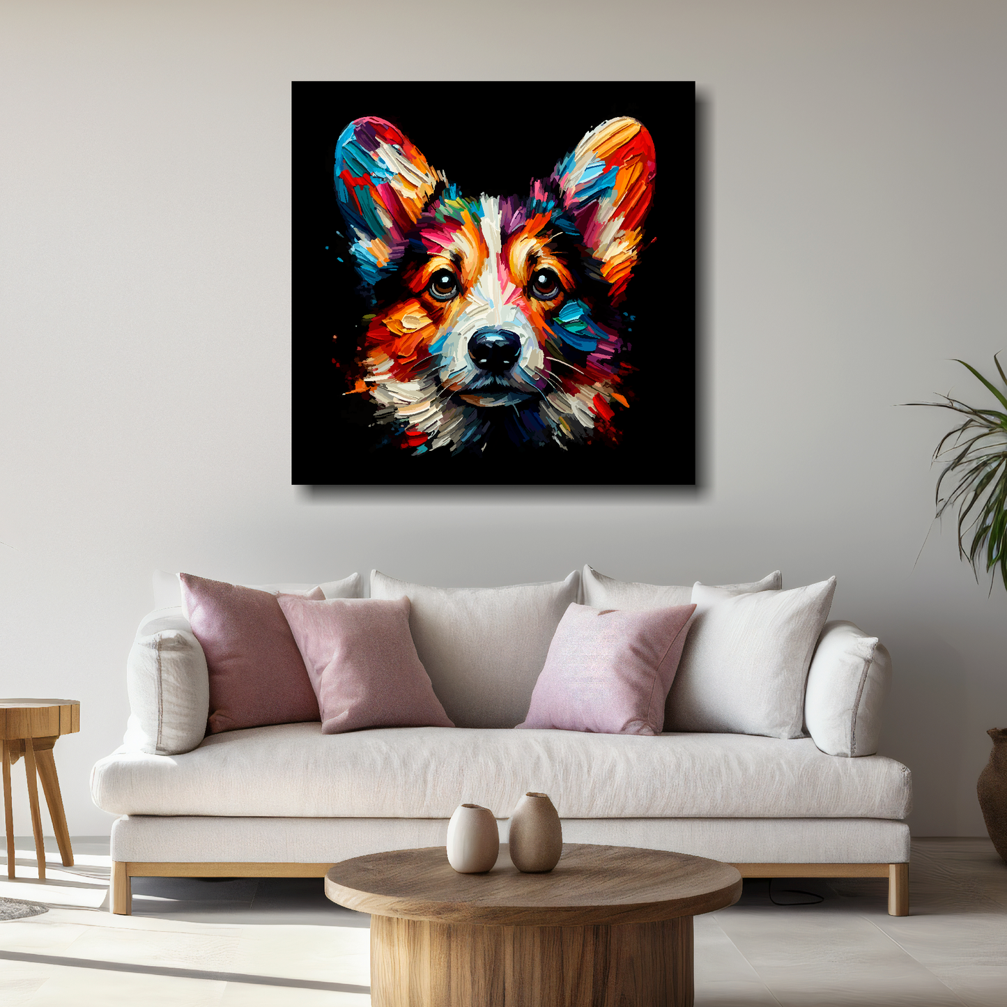 Large Cardigan Welsh Corgi canvas above white sofa - vibrant abstract dog portrait wall art UK