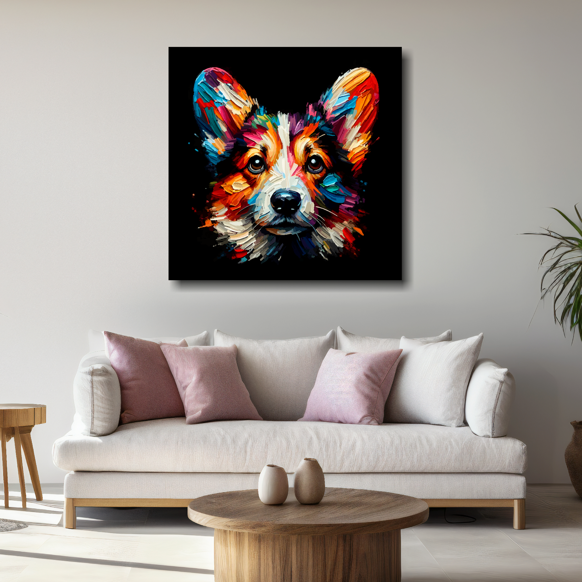 Large Cardigan Welsh Corgi canvas above white sofa - vibrant abstract dog portrait wall art UK