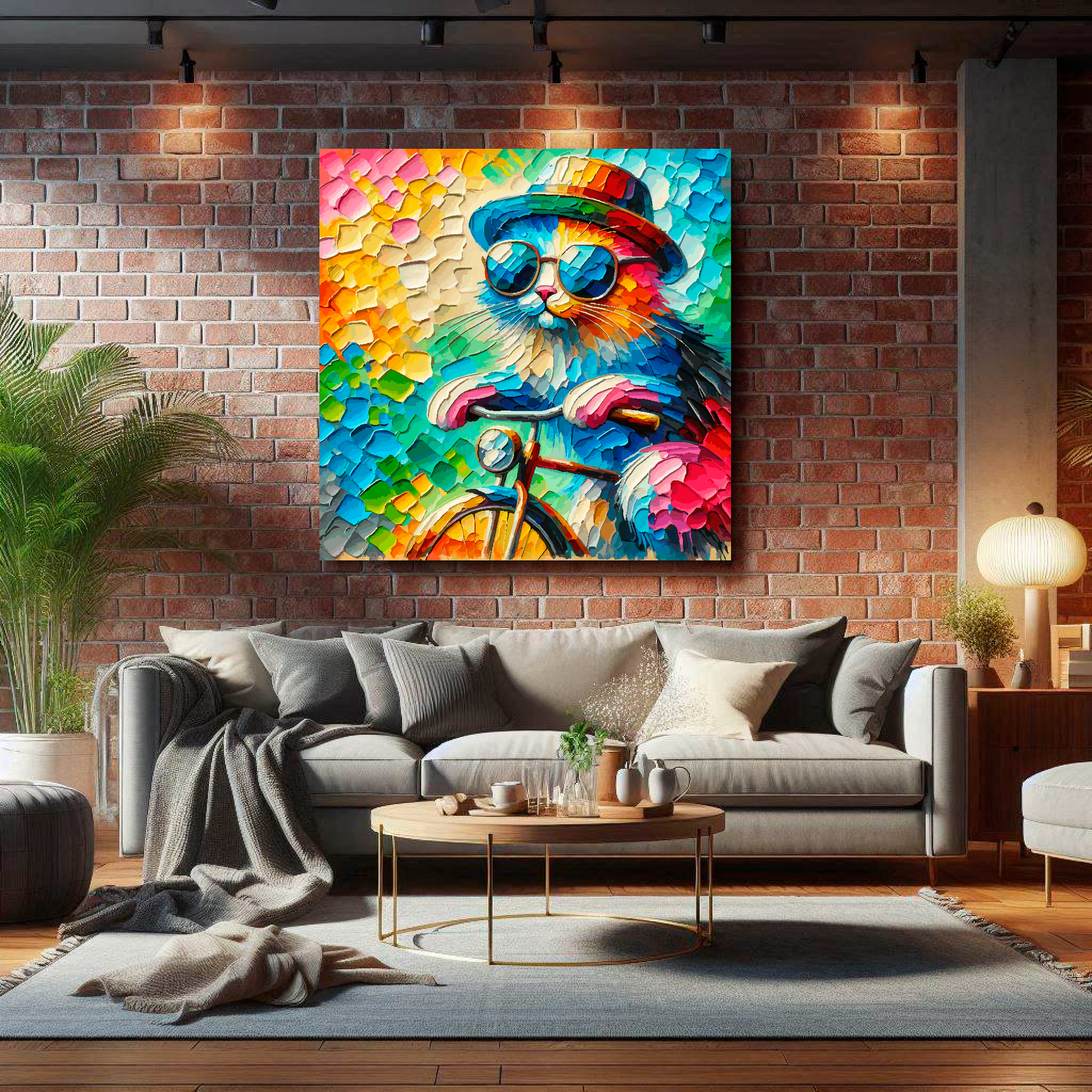 Large cat on a bicycle canvas on brick wall above grey sofa - bold whimsical art UK living room