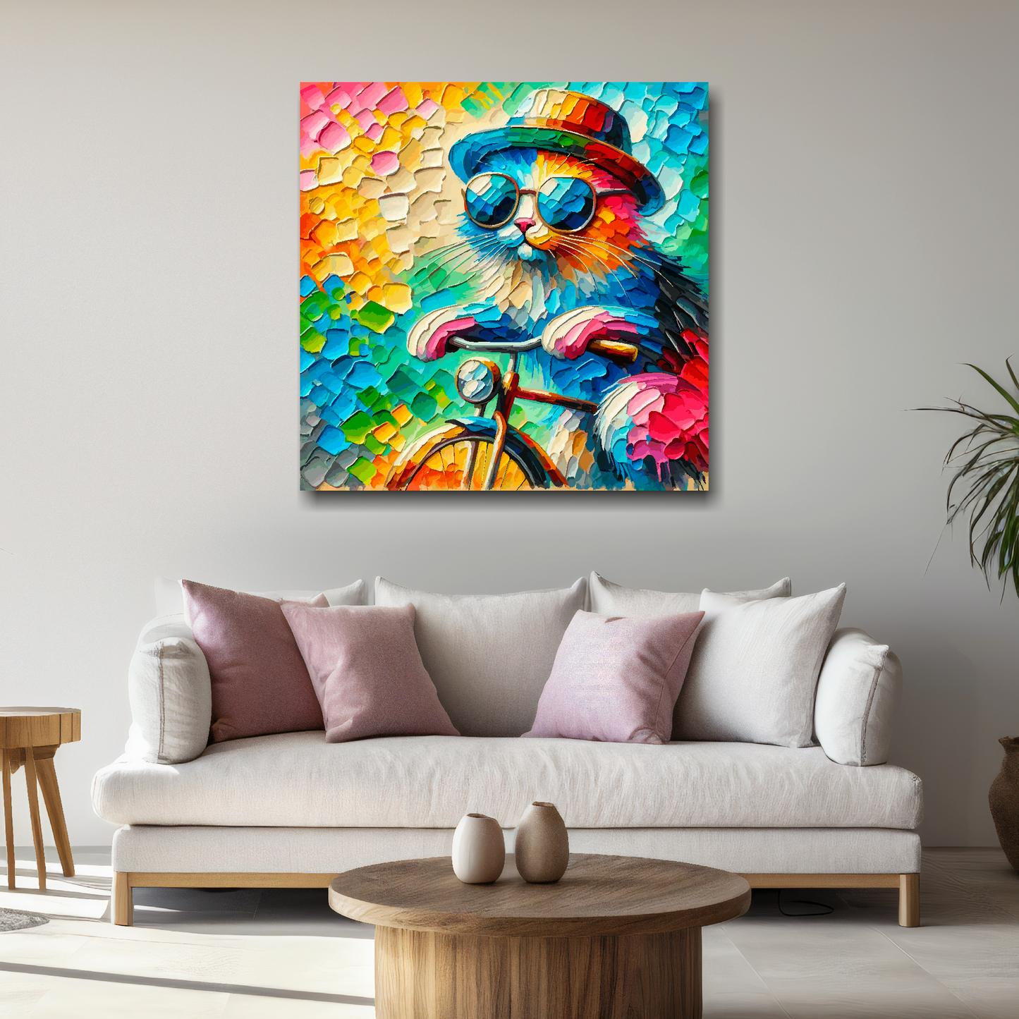 Large cat on a bicycle canvas above white sofa - vibrant abstract whimsical wall art UK